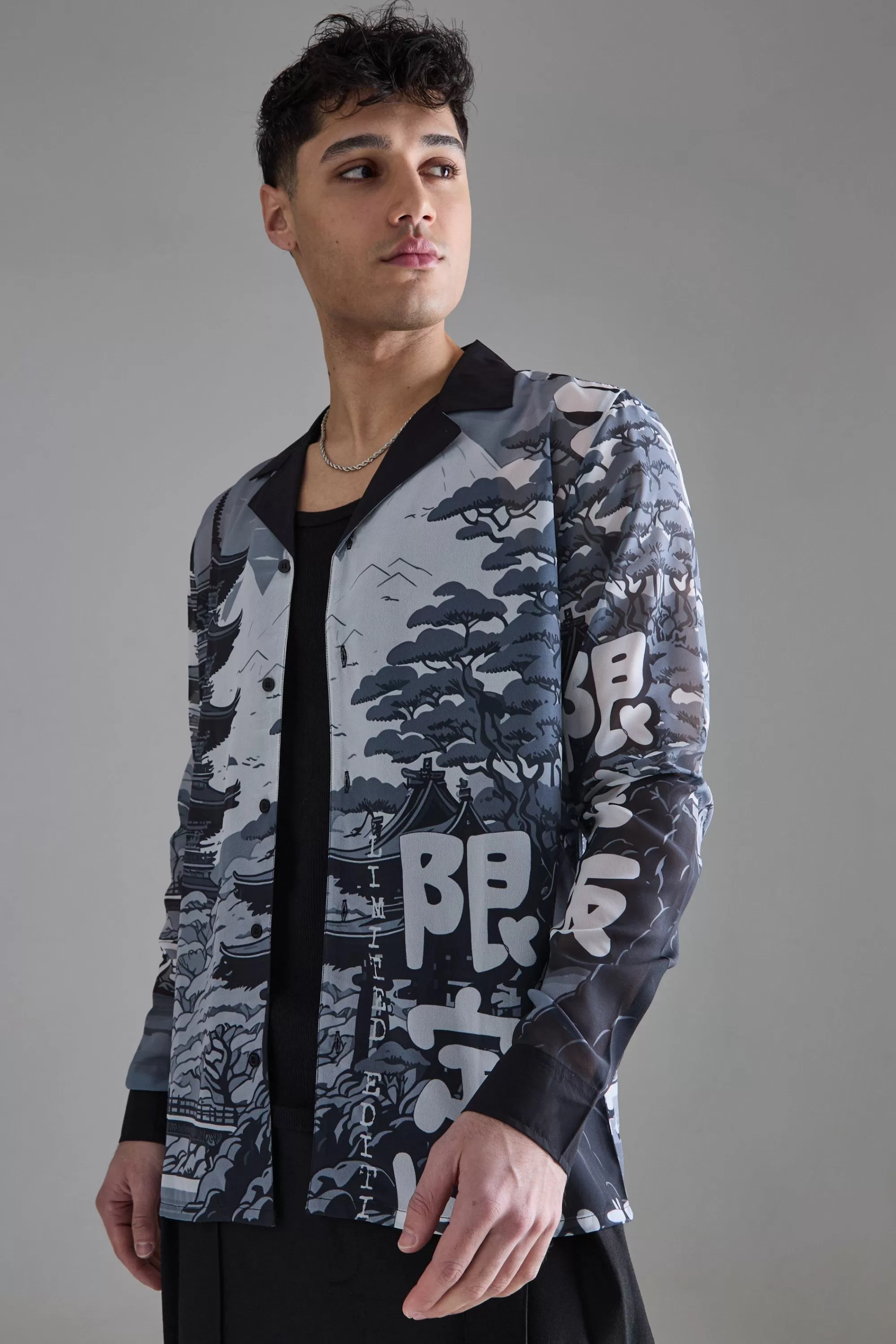 boohooMAN Long Sleeve Landscape Sheer Shirt | UK