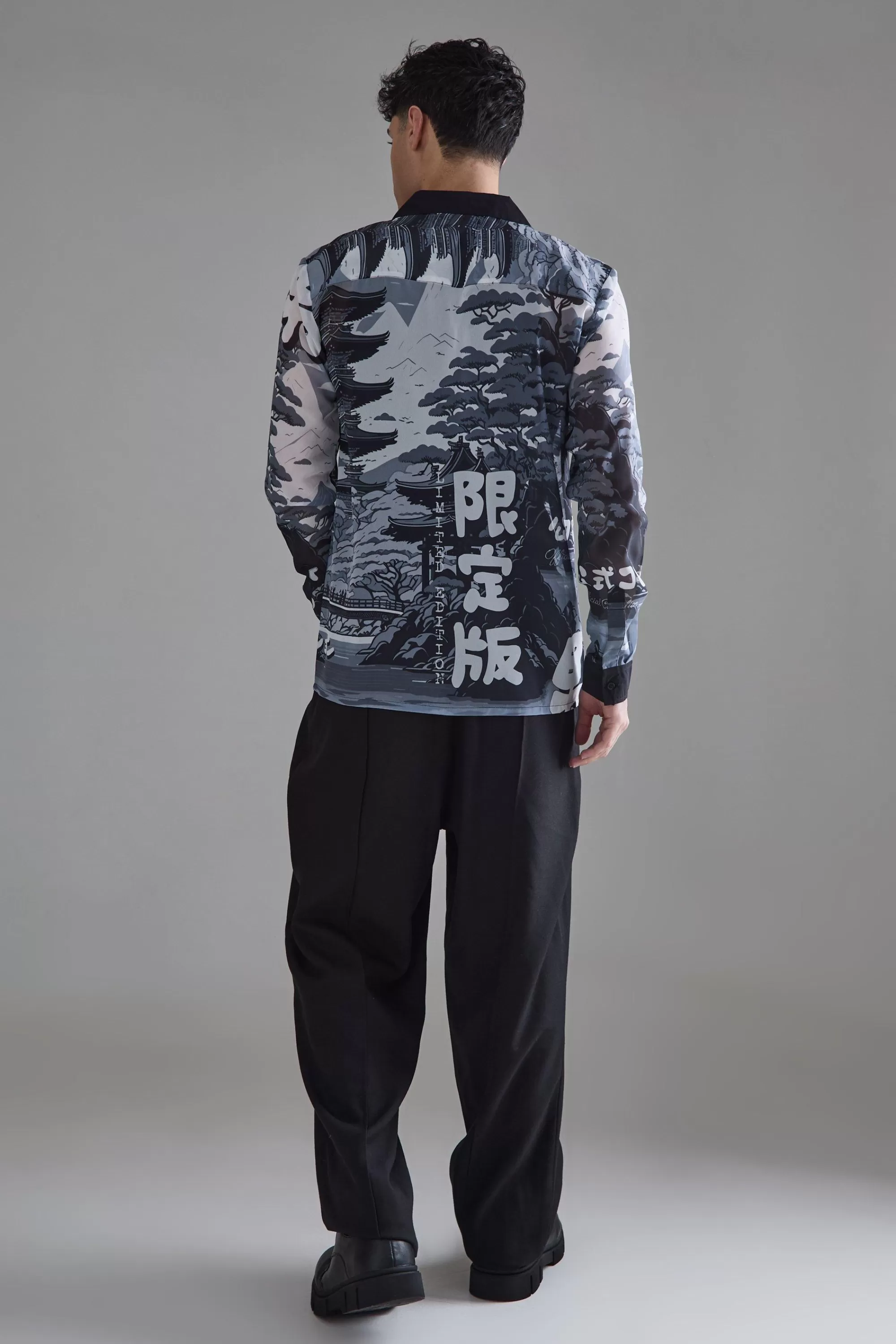boohooMAN Long Sleeve Landscape Sheer Shirt | UK