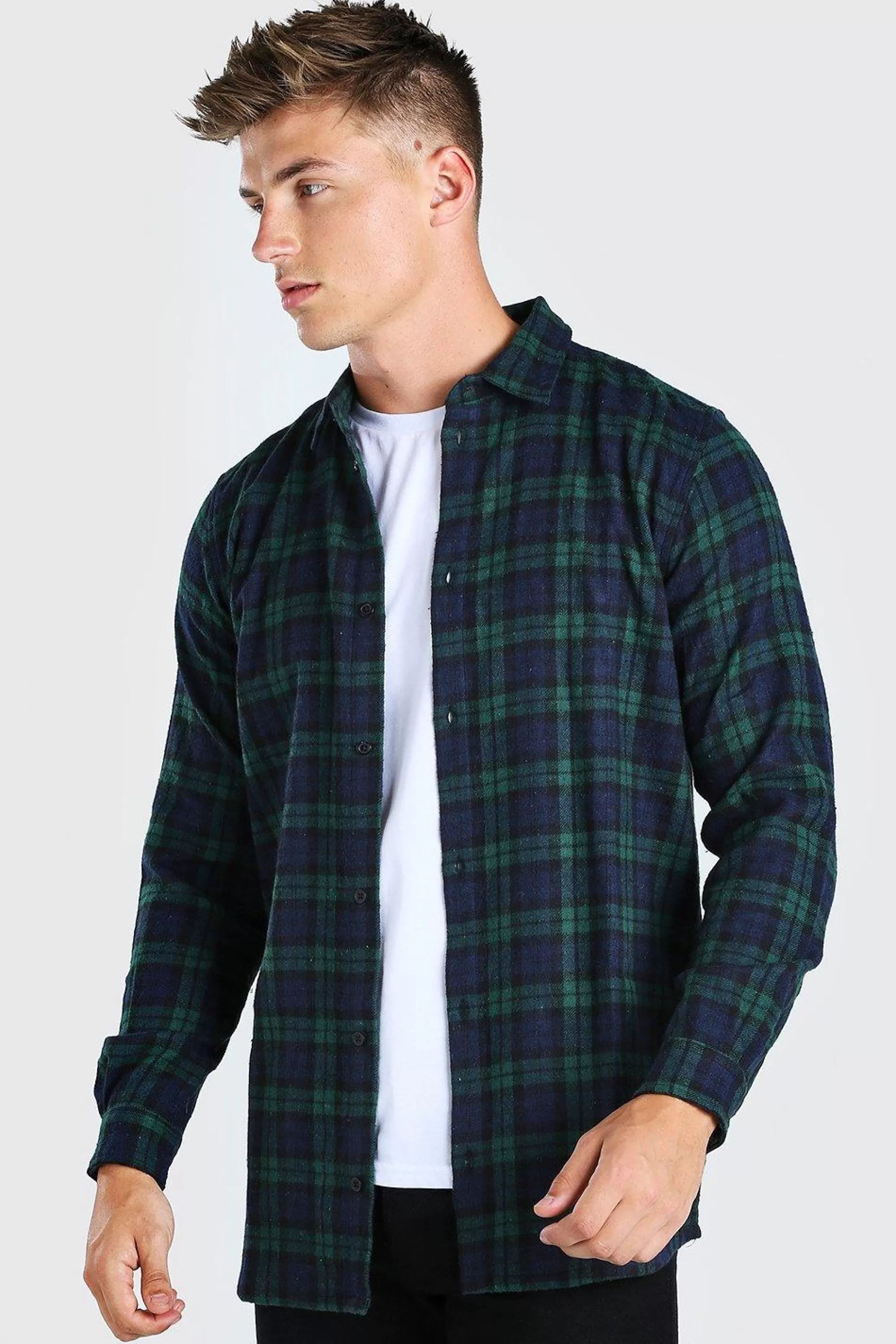 boohooMAN Long Sleeve Longline Flannel Check Shirt | UK