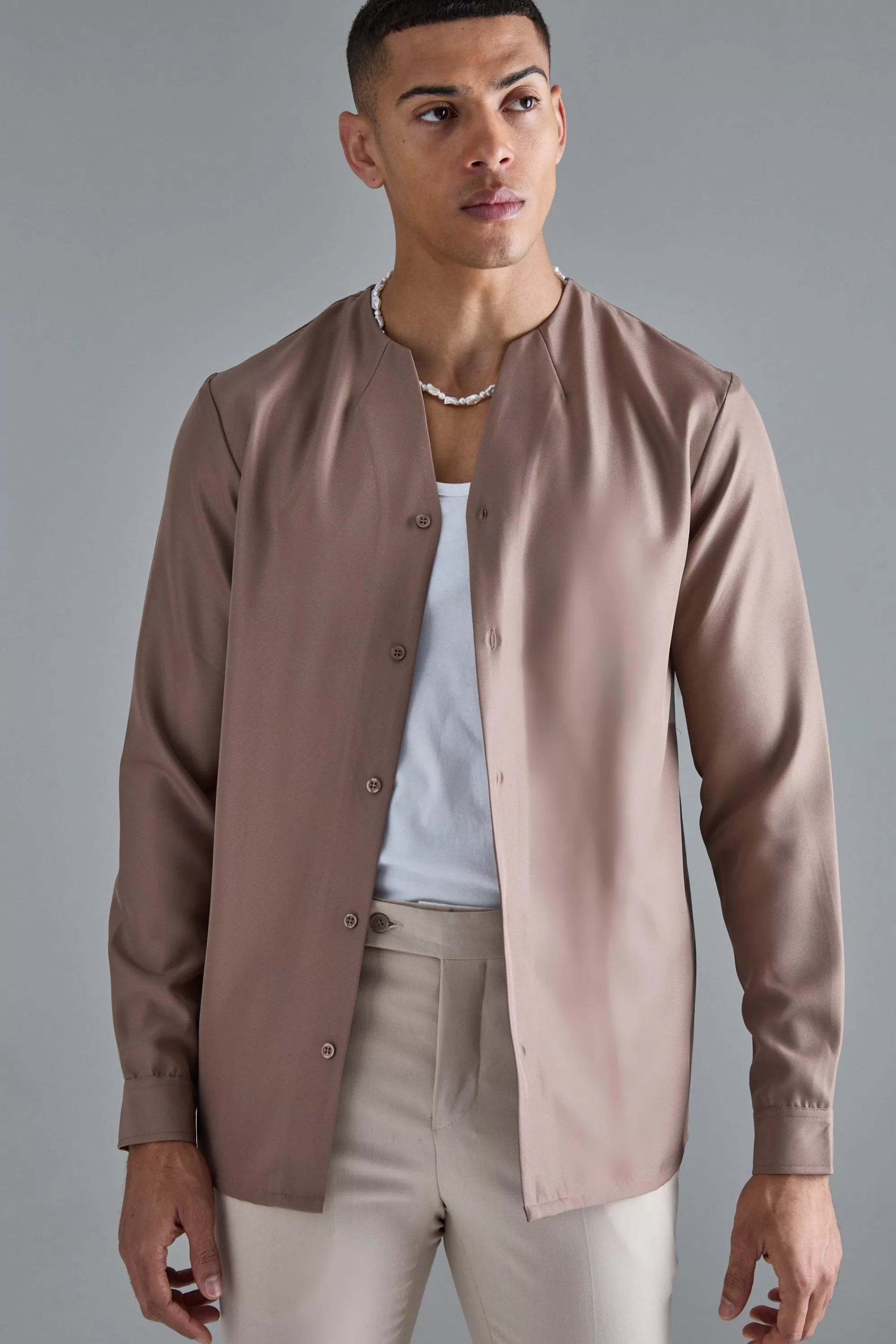 boohooMAN Long Sleeve Open Neck Soft Twill Shirt | UK