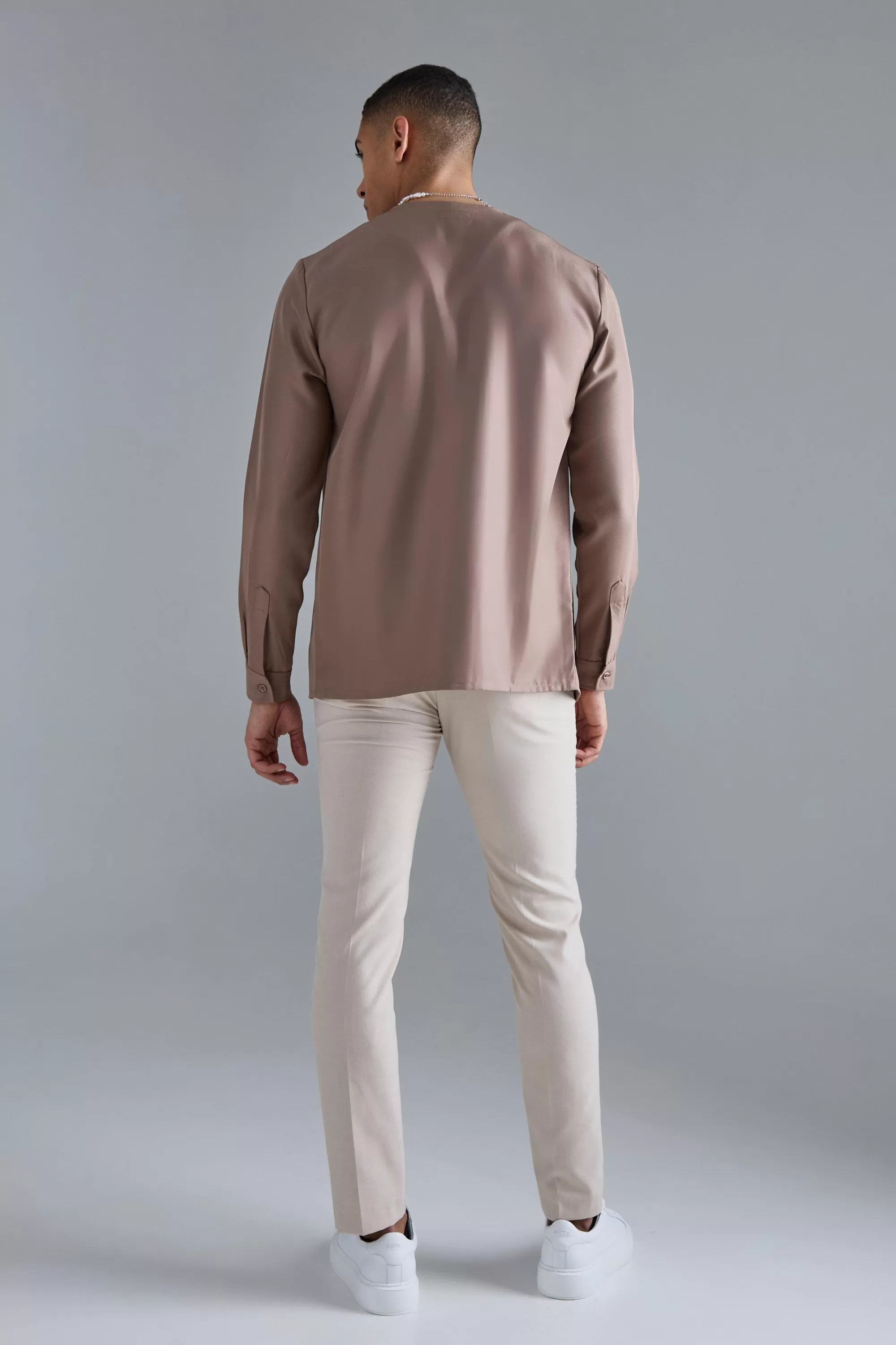 boohooMAN Long Sleeve Open Neck Soft Twill Shirt | UK