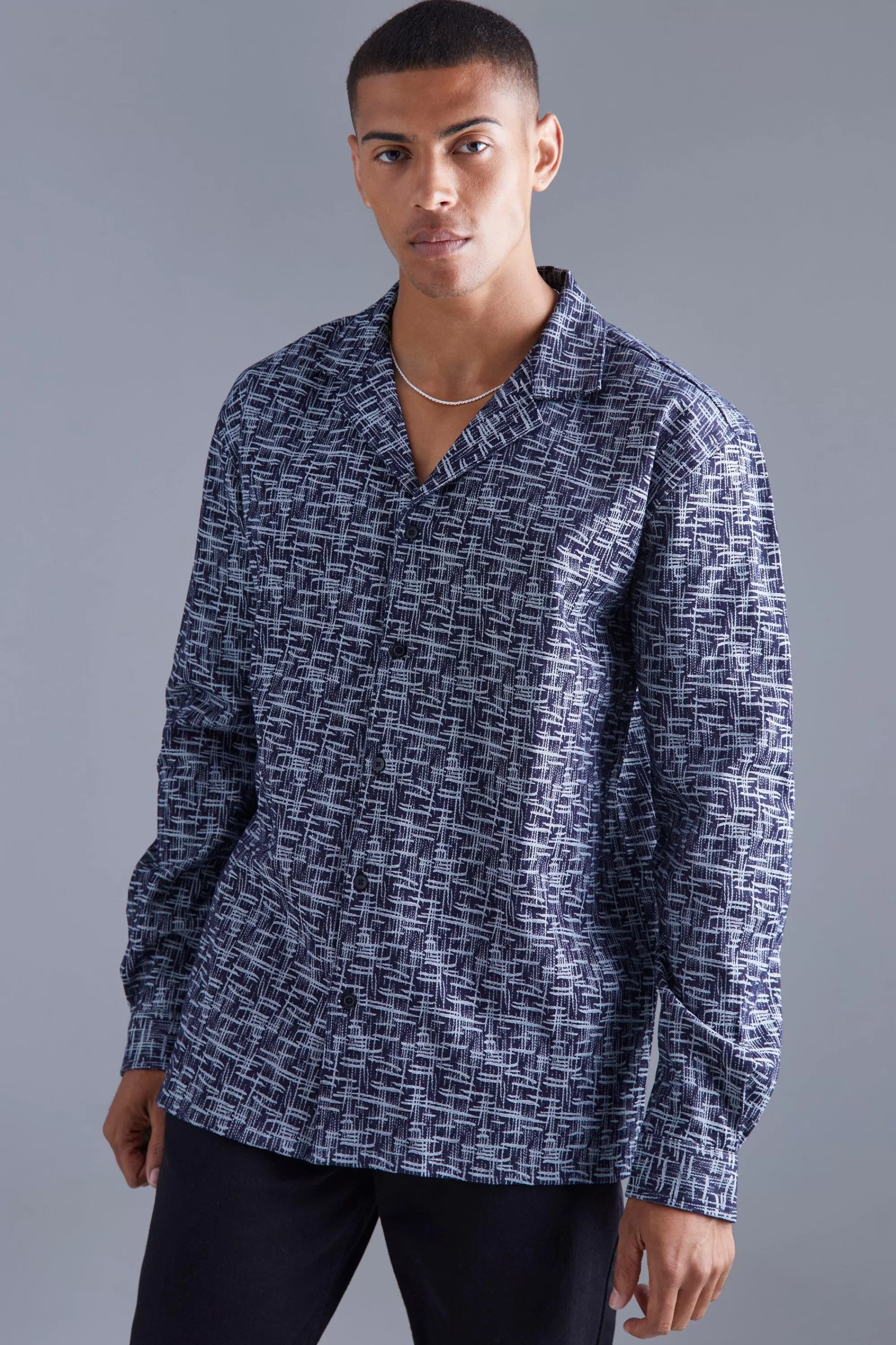 boohooMAN Long Sleeve Oversized Denim Look Textured Shirt | UK