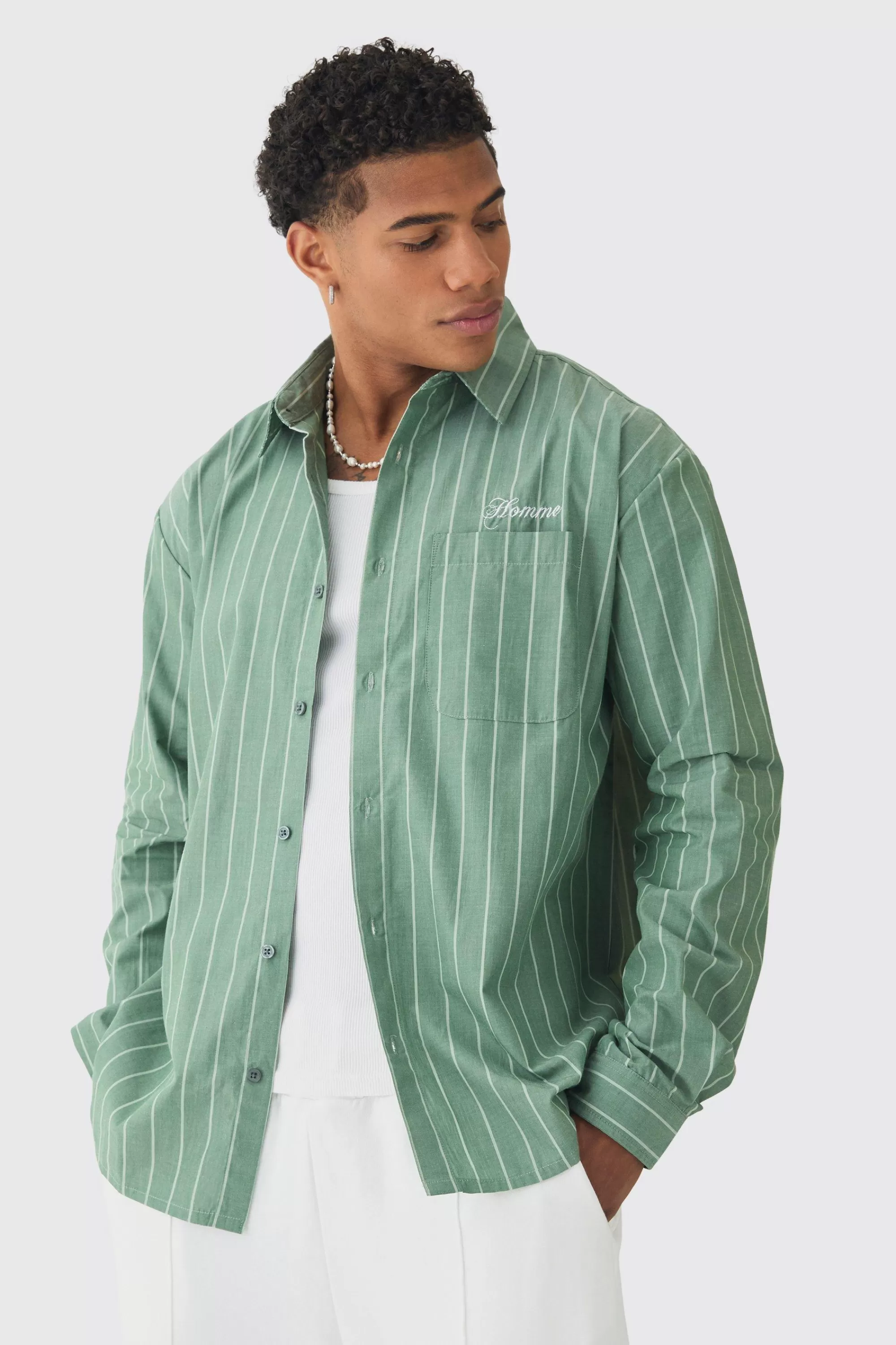 boohooMAN Long Sleeve Oversized Embroidered Stripe Shirt | UK