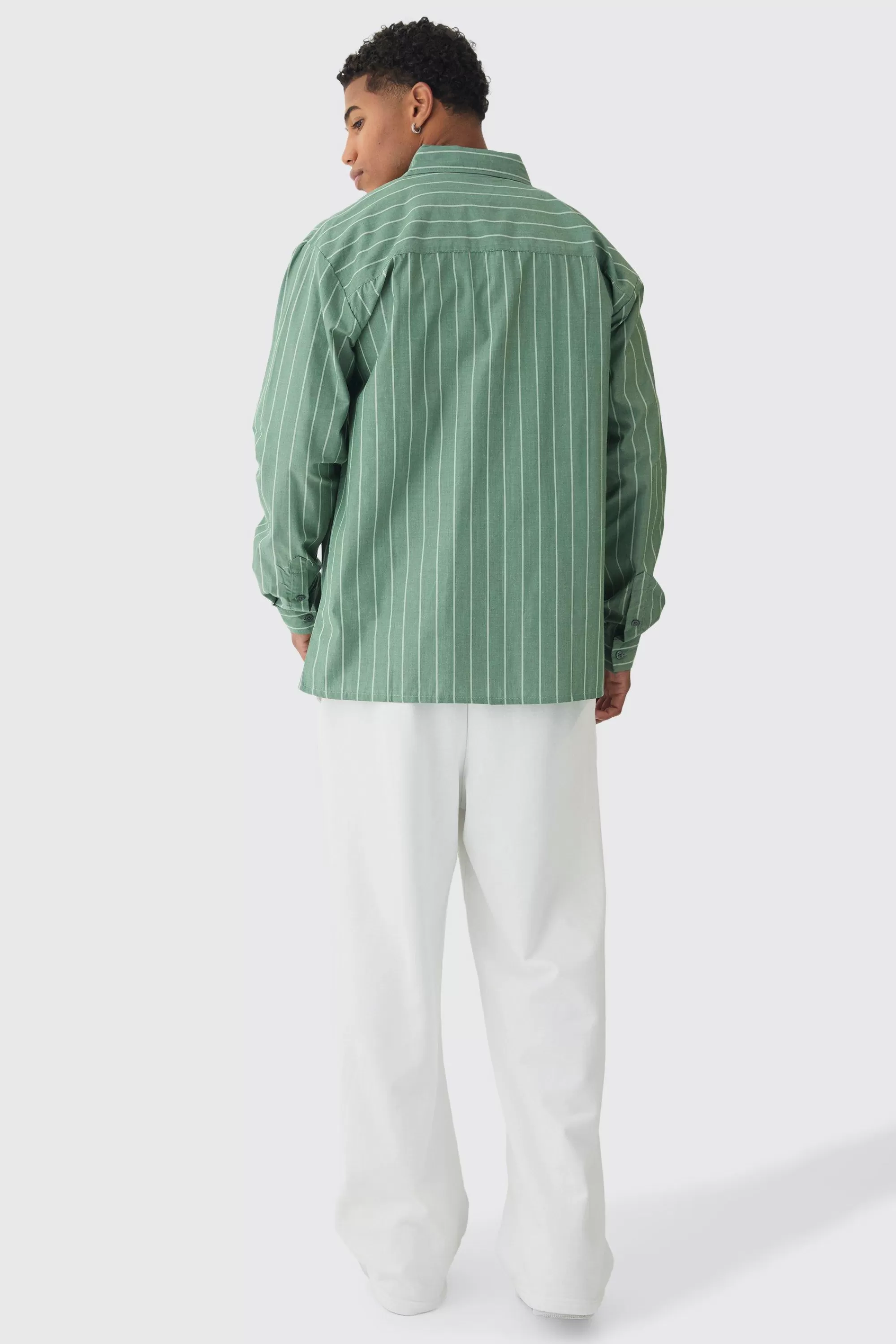 boohooMAN Long Sleeve Oversized Embroidered Stripe Shirt | UK