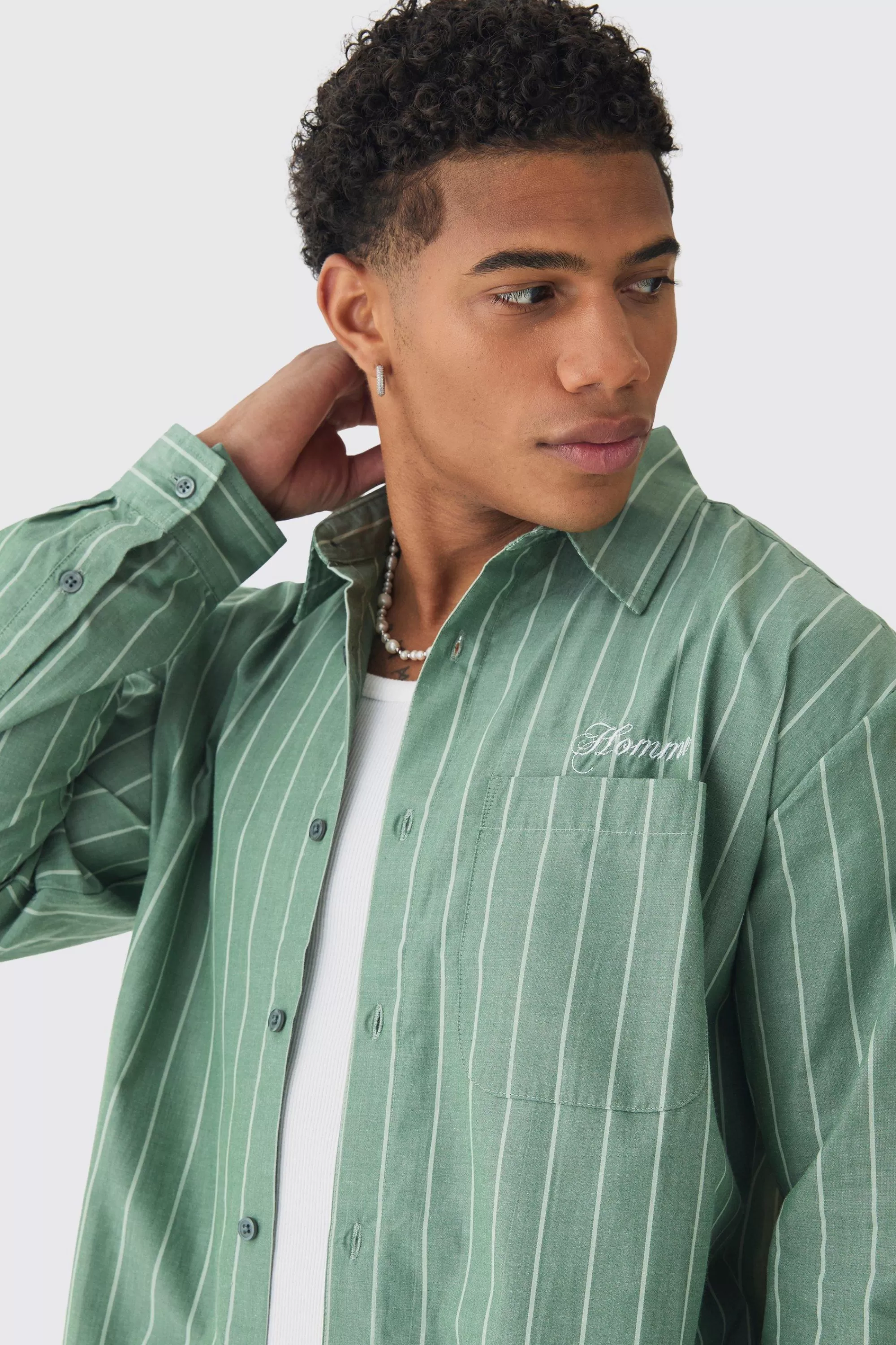 boohooMAN Long Sleeve Oversized Embroidered Stripe Shirt | UK