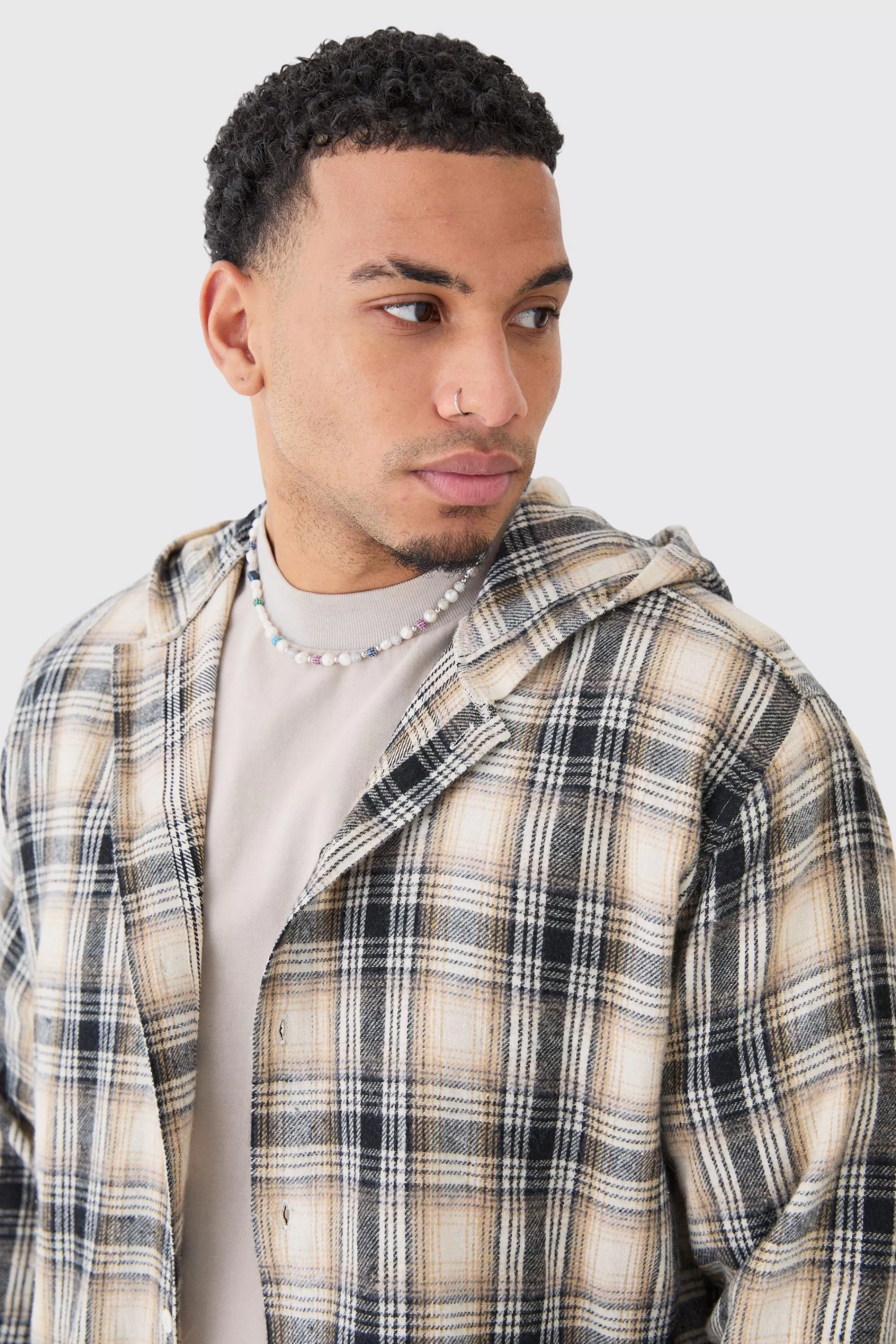 boohooMAN Long Sleeve Oversized Hooded Button Through Check Shirt | UK