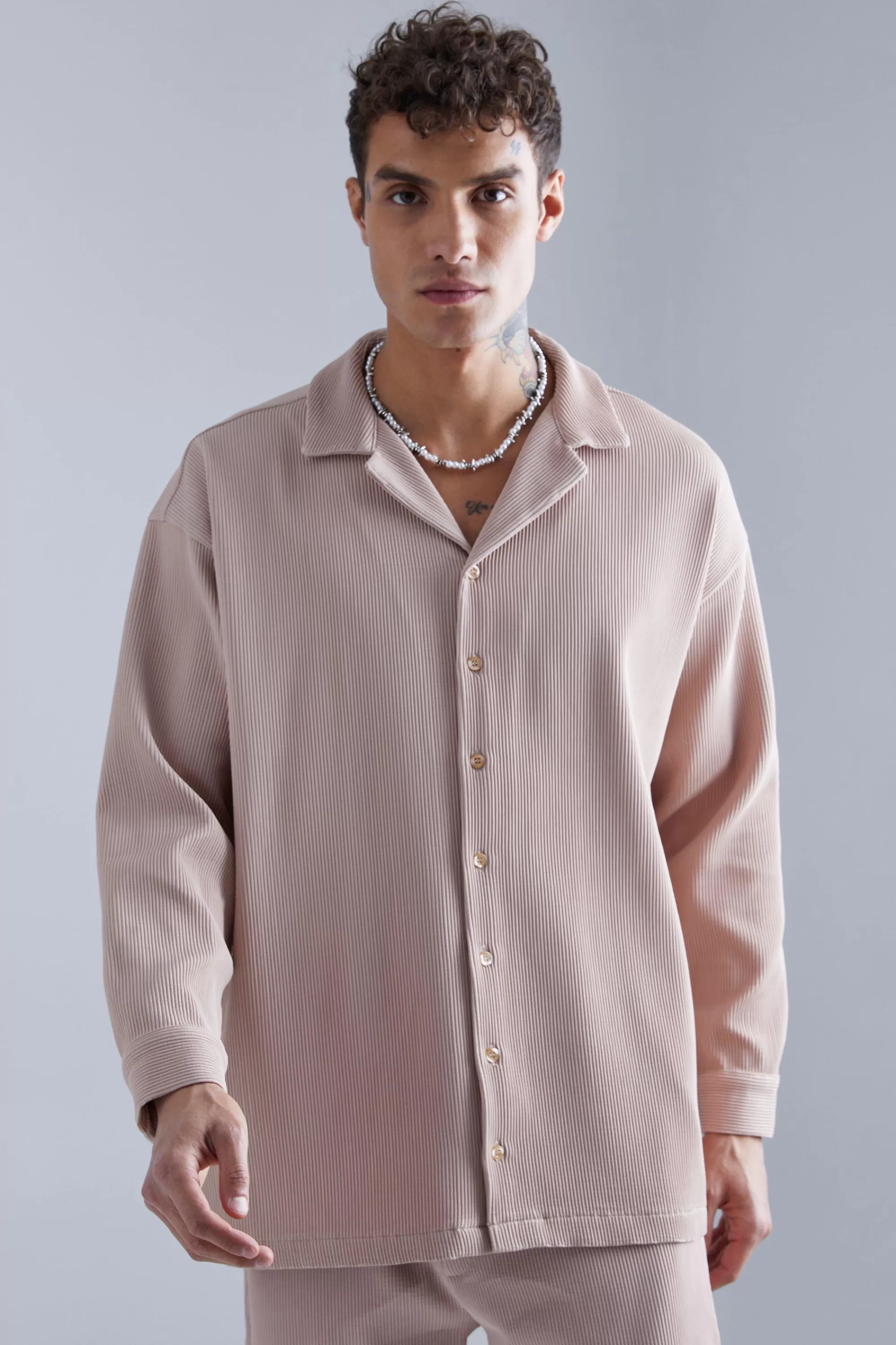 boohooMAN Long Sleeve Oversized Revere Pleated Shirt | UK
