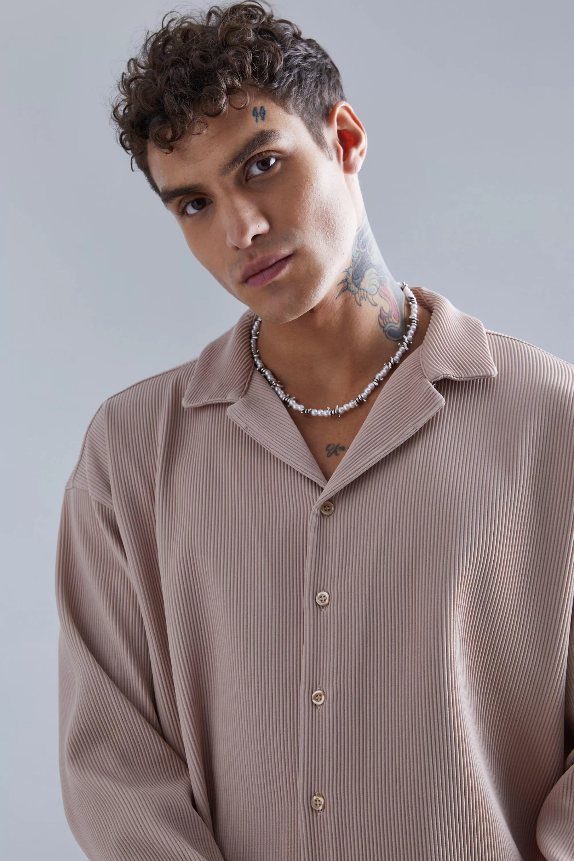 boohooMAN Long Sleeve Oversized Revere Pleated Shirt | UK