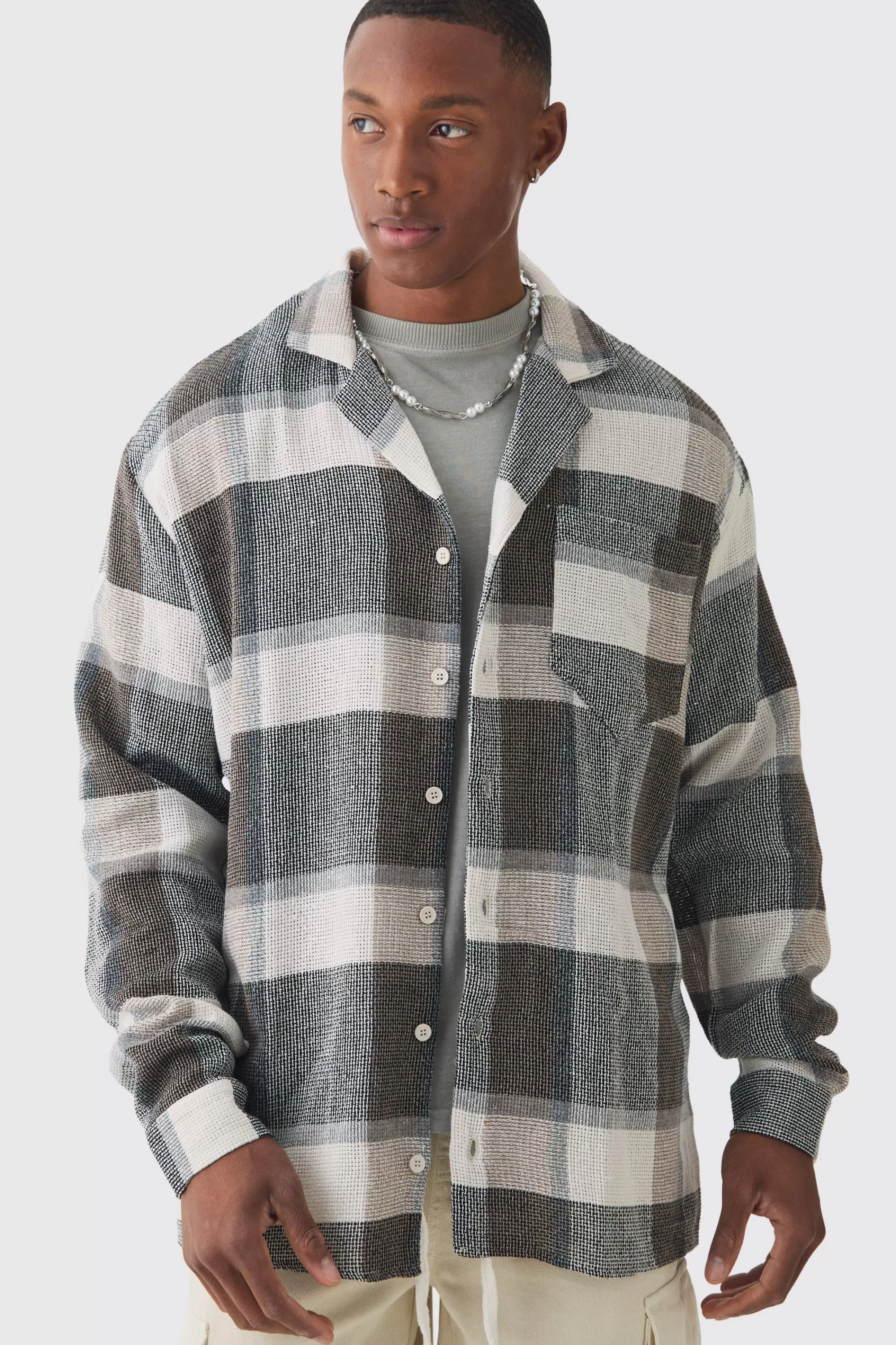 boohooMAN Long Sleeve Oversized Textured Check Shirt | UK