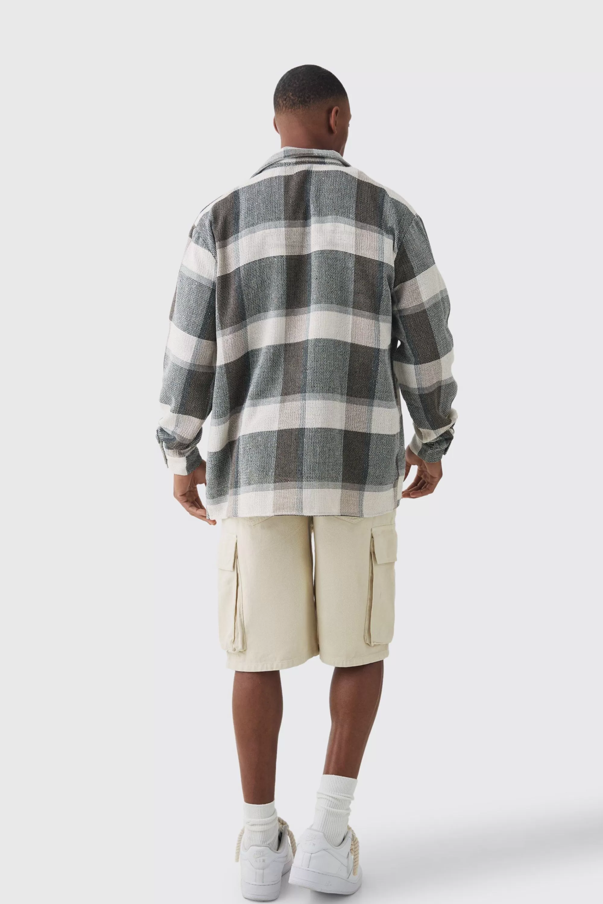 boohooMAN Long Sleeve Oversized Textured Check Shirt | UK
