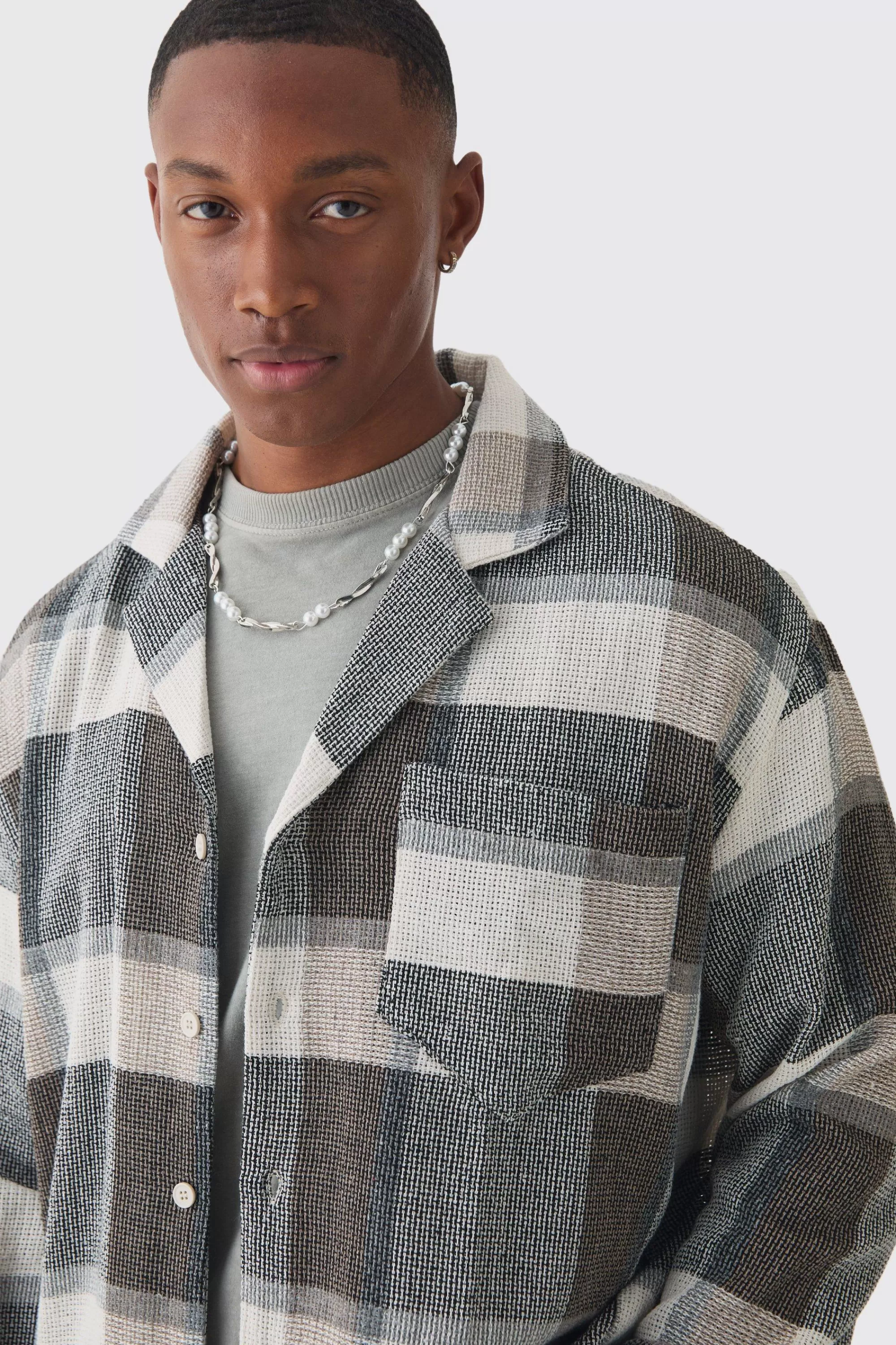 boohooMAN Long Sleeve Oversized Textured Check Shirt | UK