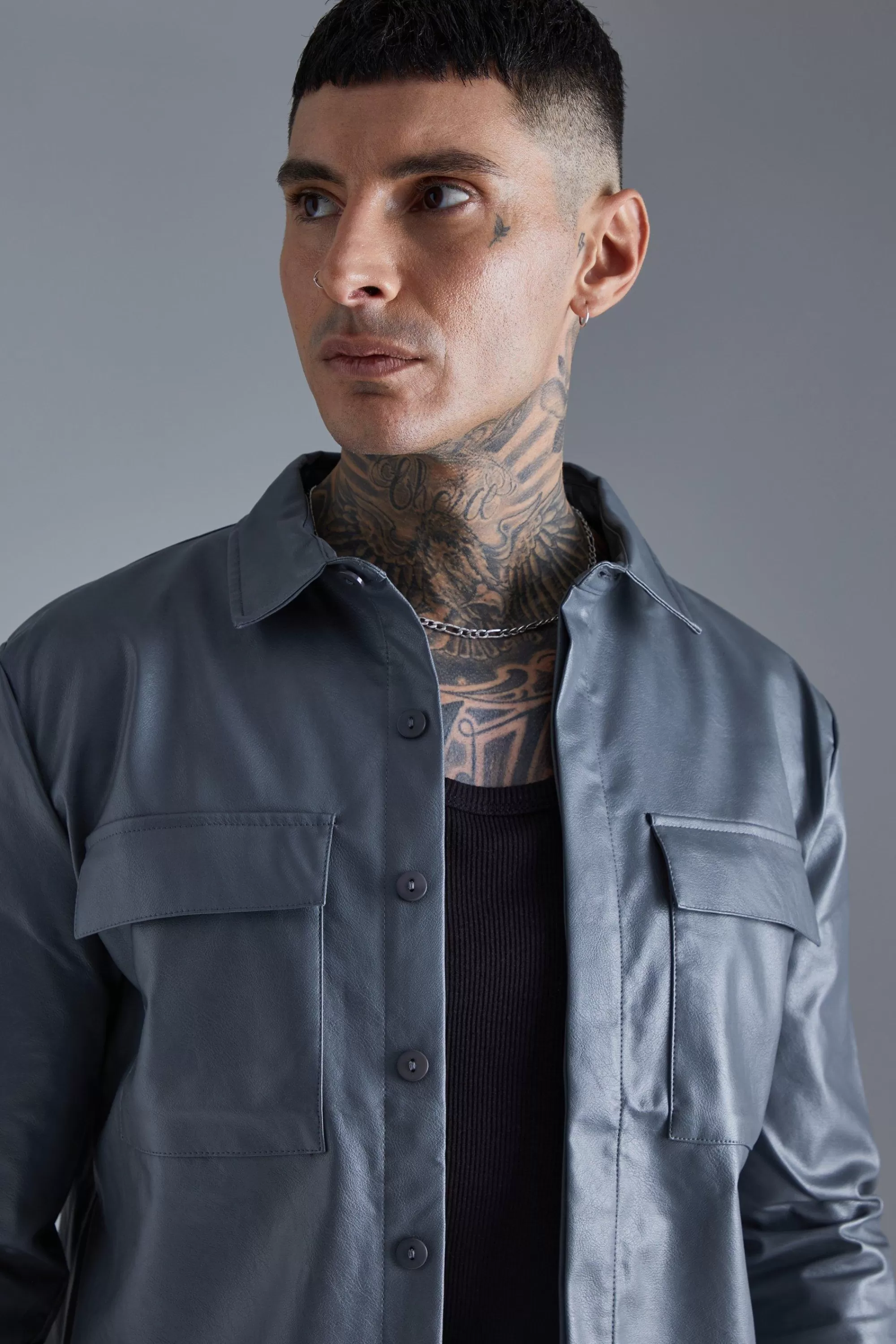 boohooMAN Long Sleeve Regular Fit Pu Overshirt | UK