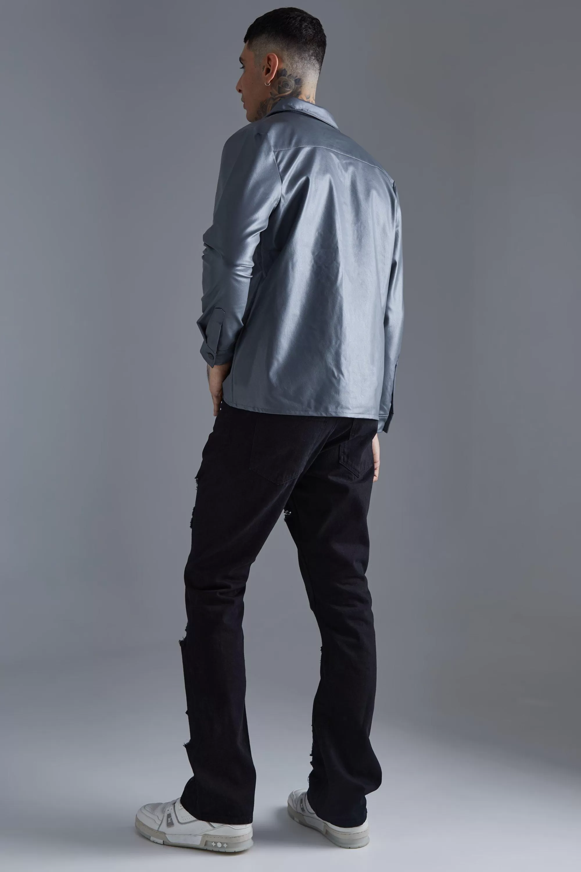 boohooMAN Long Sleeve Regular Fit Pu Overshirt | UK