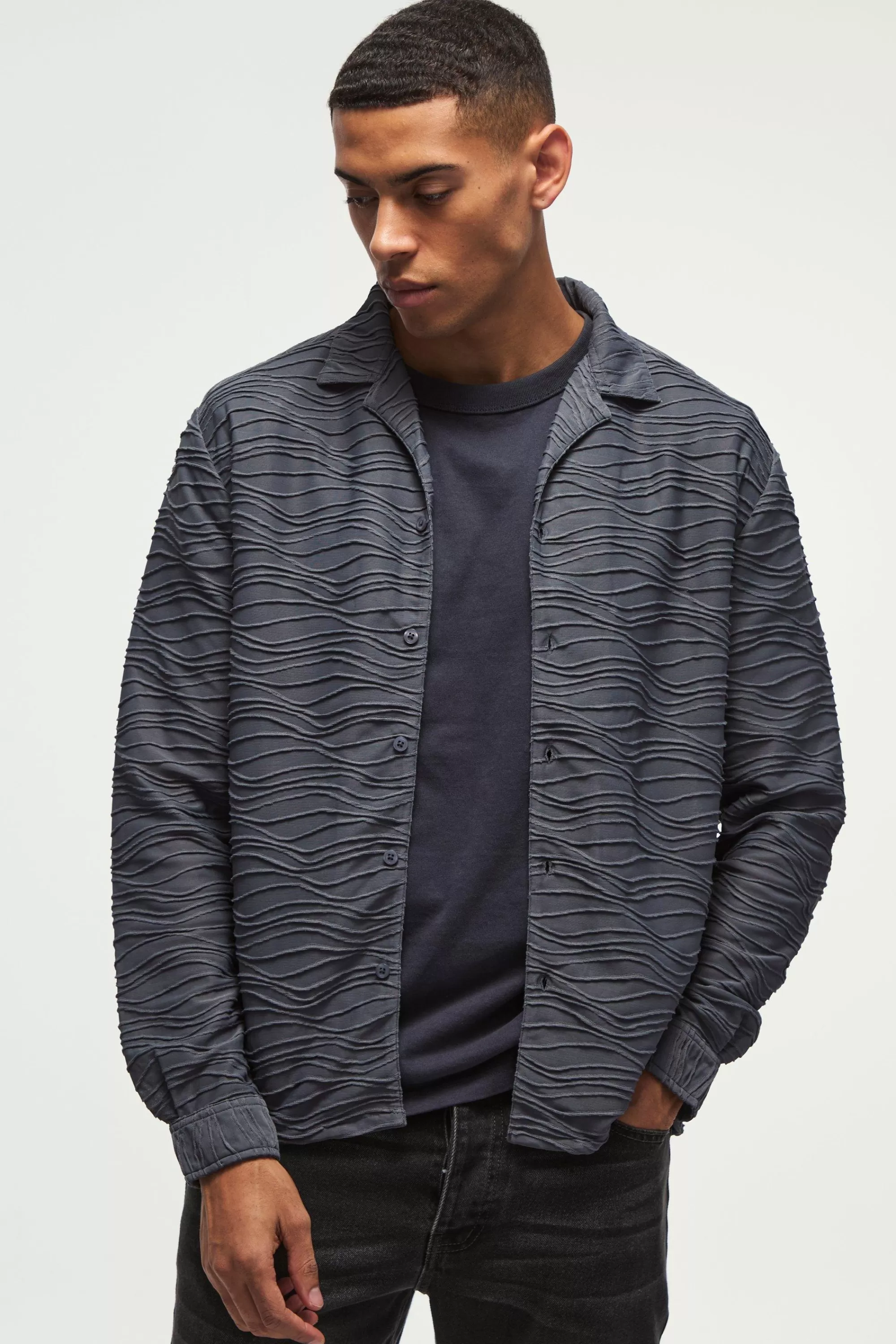 boohooMAN Long Sleeve Revere Ripple Pleated Shirt | UK