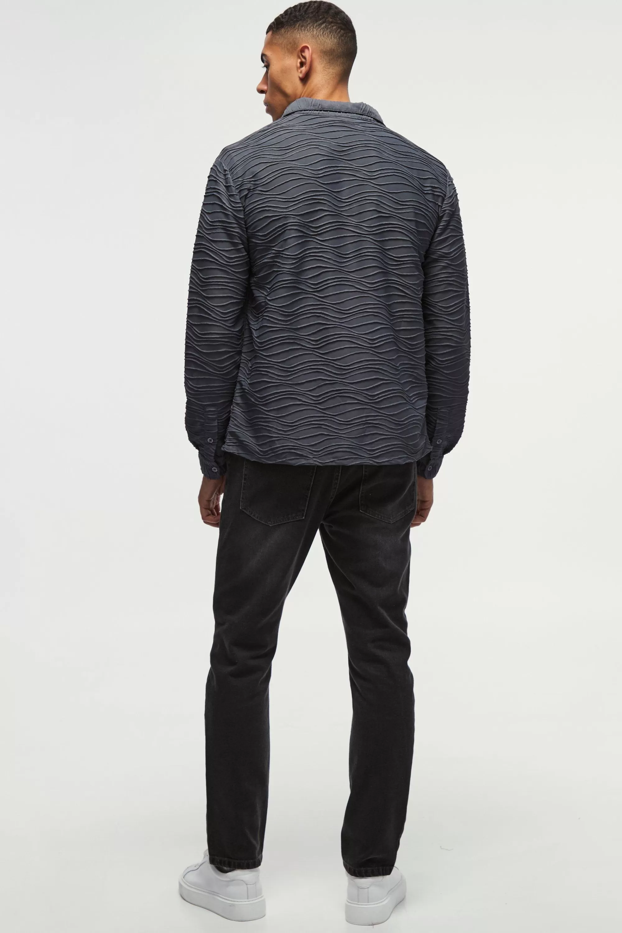 boohooMAN Long Sleeve Revere Ripple Pleated Shirt | UK