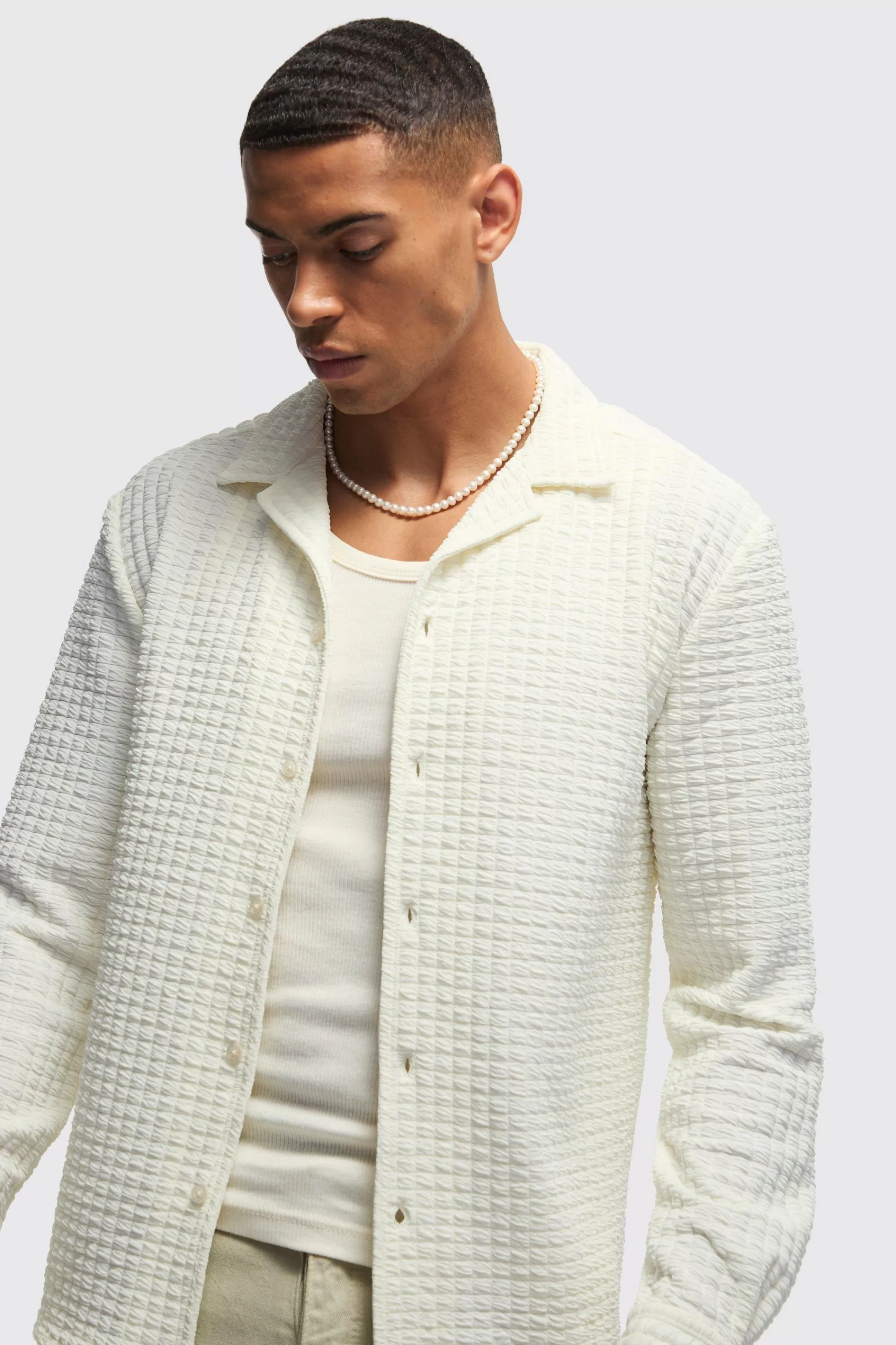 boohooMAN Long Sleeve Revere Waffle Shirt | UK