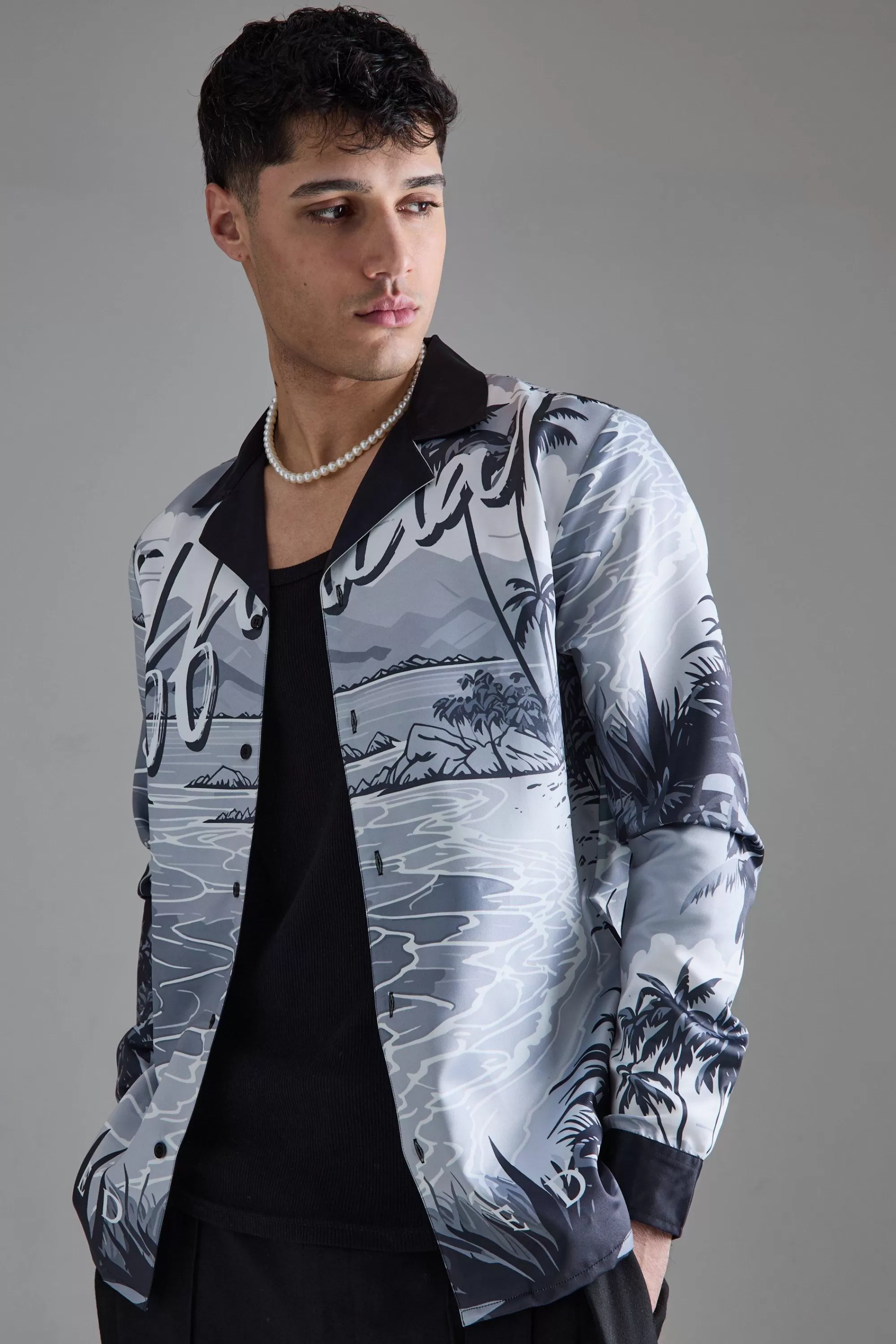 boohooMAN Long Sleeve Satin Beach Shirt | UK