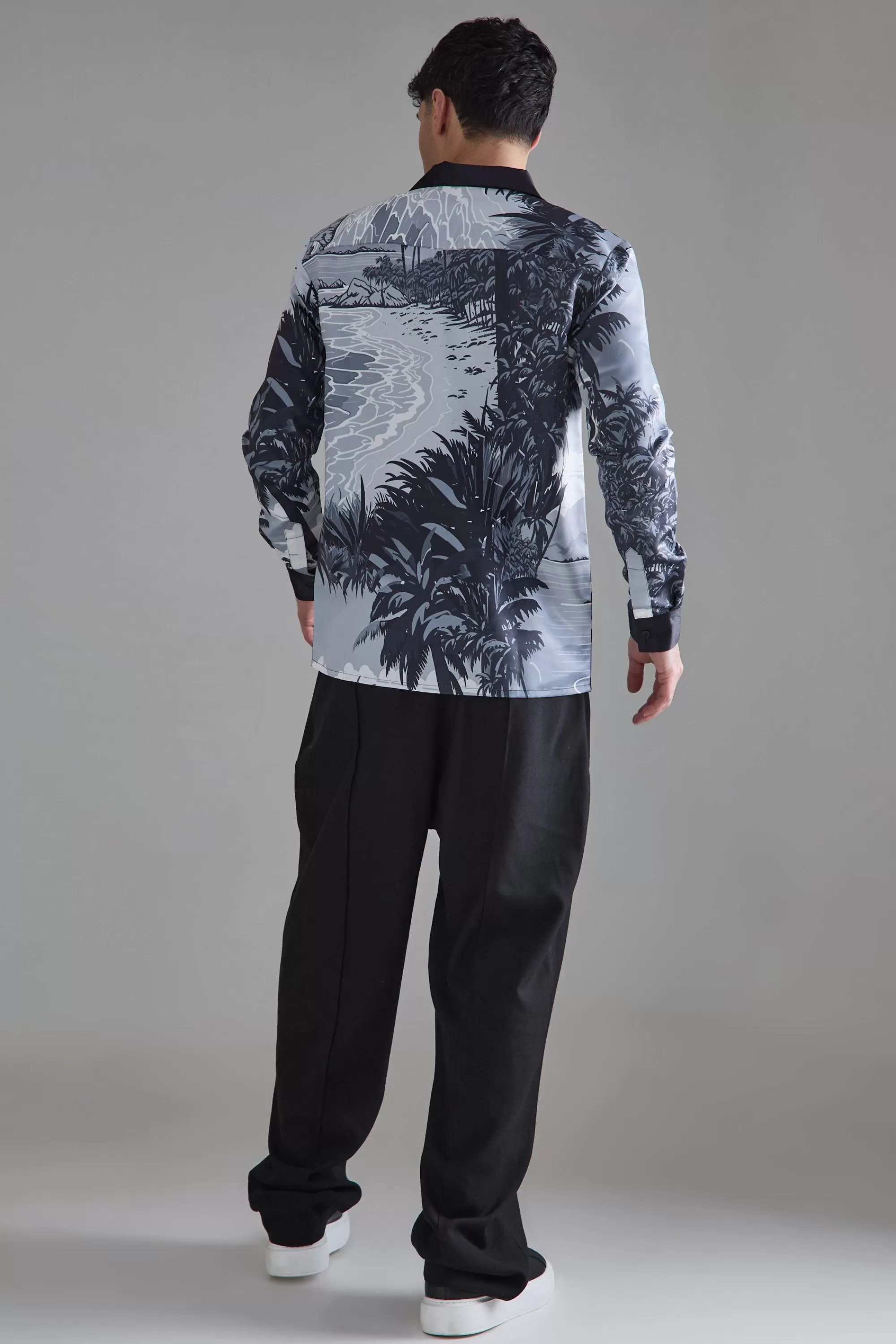 boohooMAN Long Sleeve Satin Beach Shirt | UK