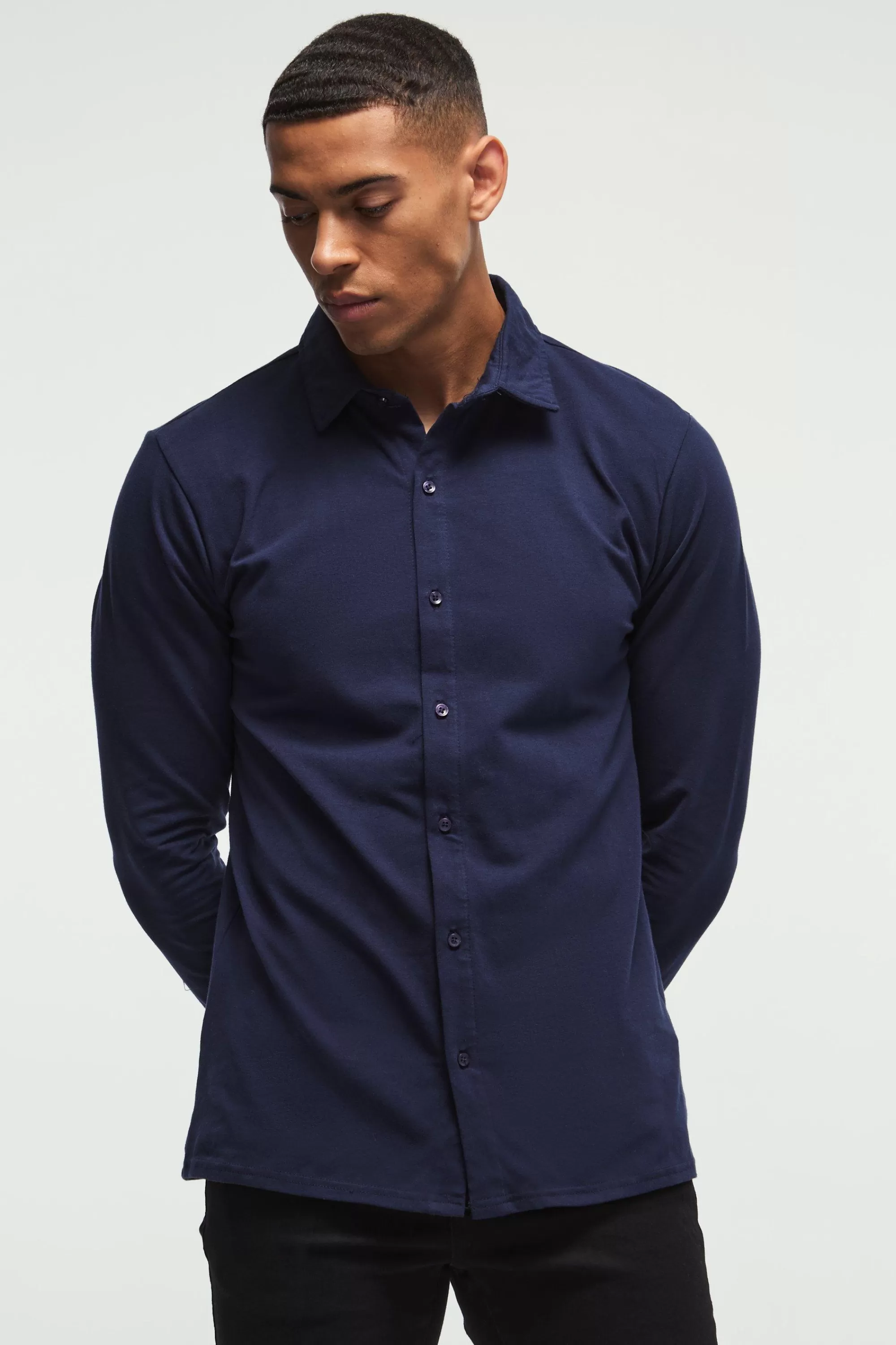 boohooMAN Long Sleeve Slim Fit Jersey Shirt | UK