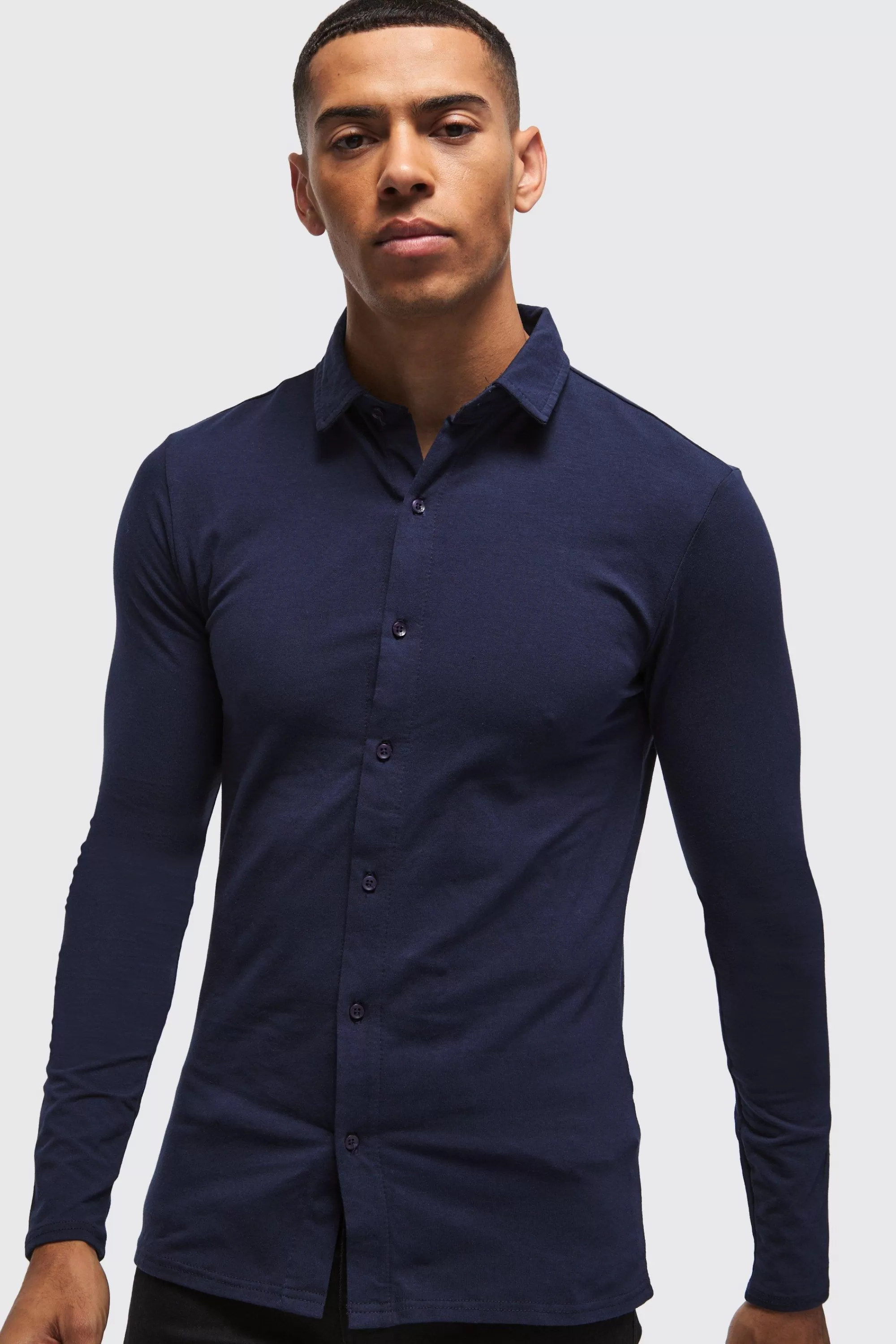 boohooMAN Long Sleeve Stretch Fit Jersey Shirt | UK