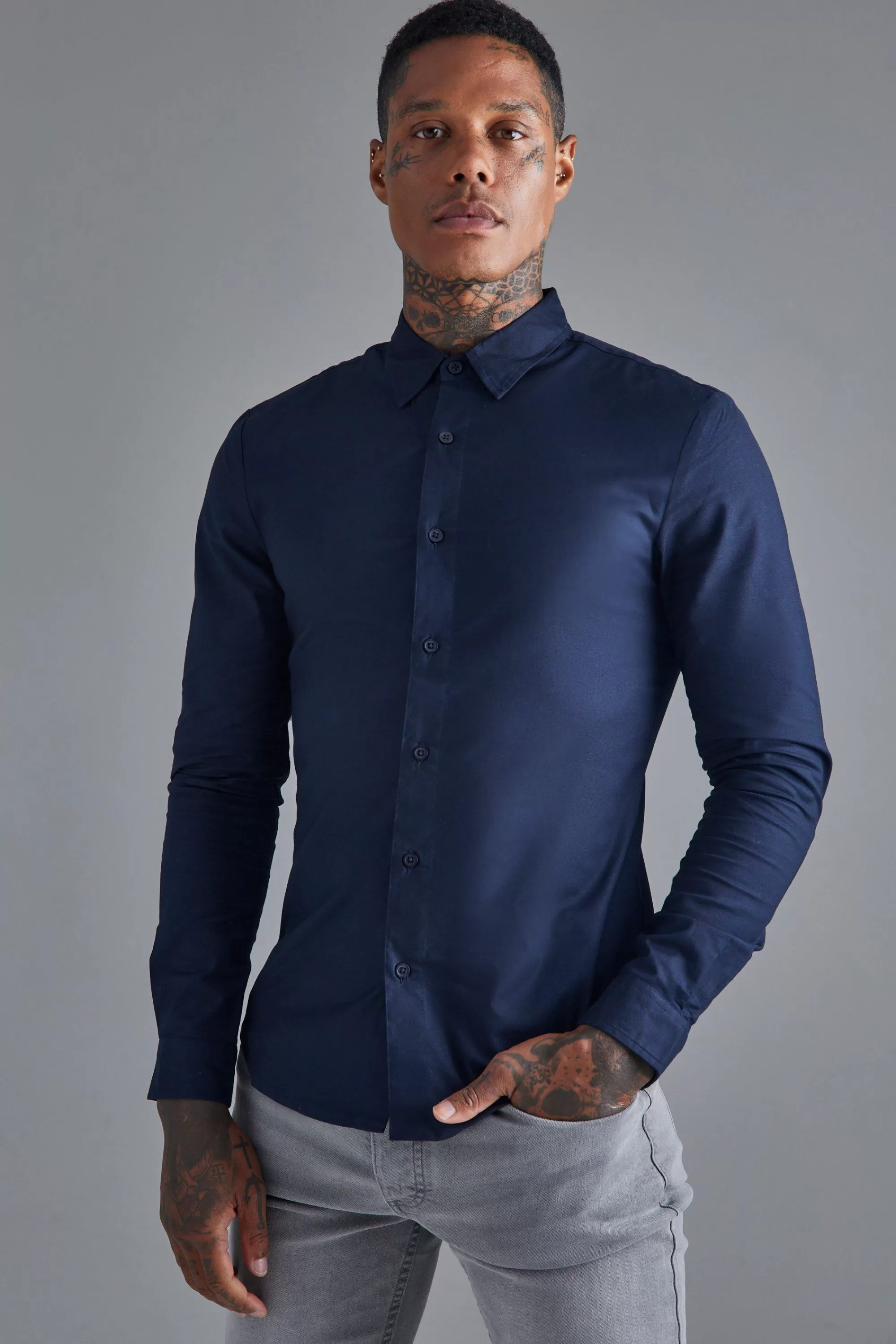 boohooMAN Long Sleeve Stretch Fit Shirt | UK