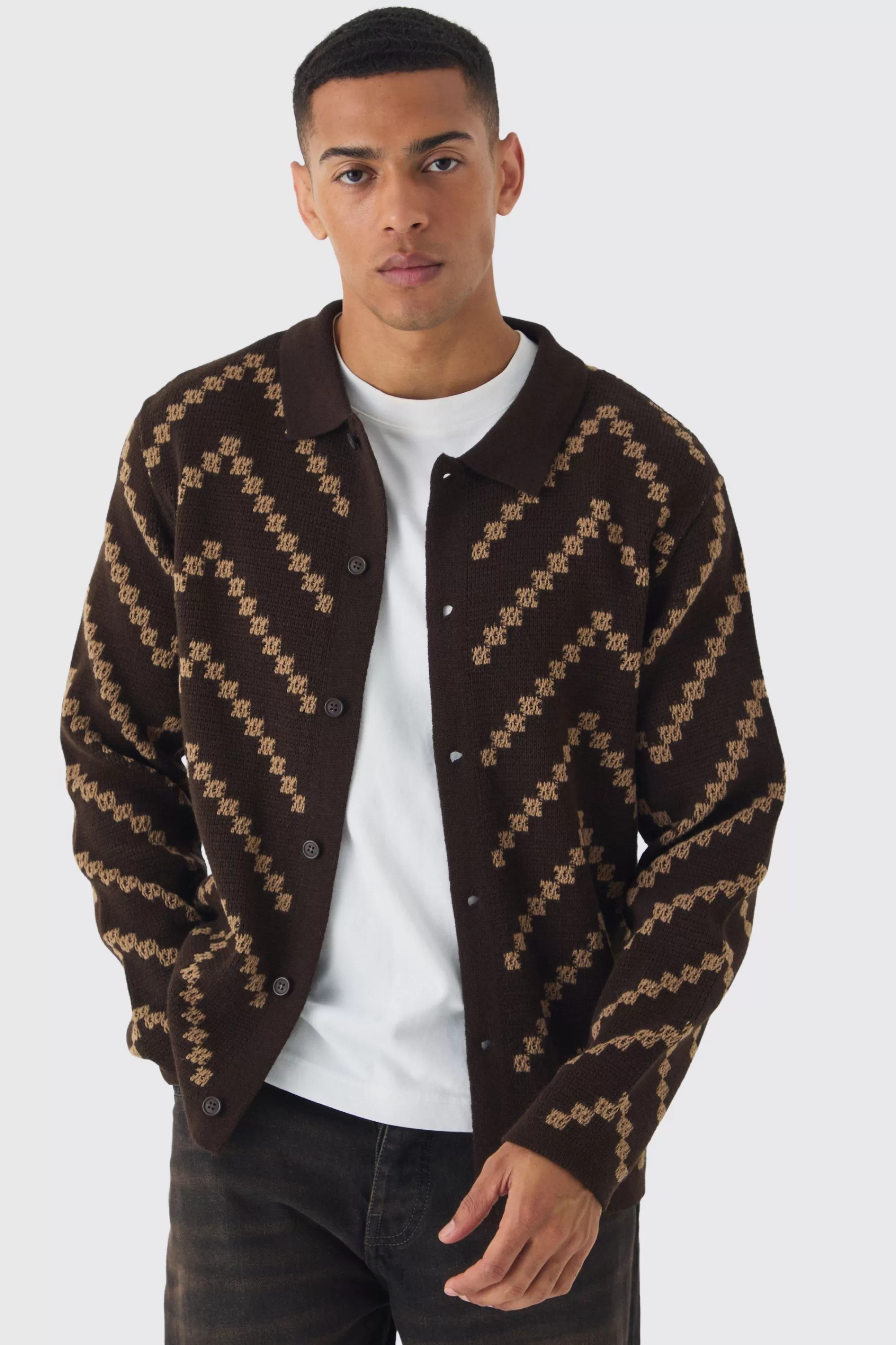 boohooMAN Long Sleeve Stripe Knit Shirt | UK