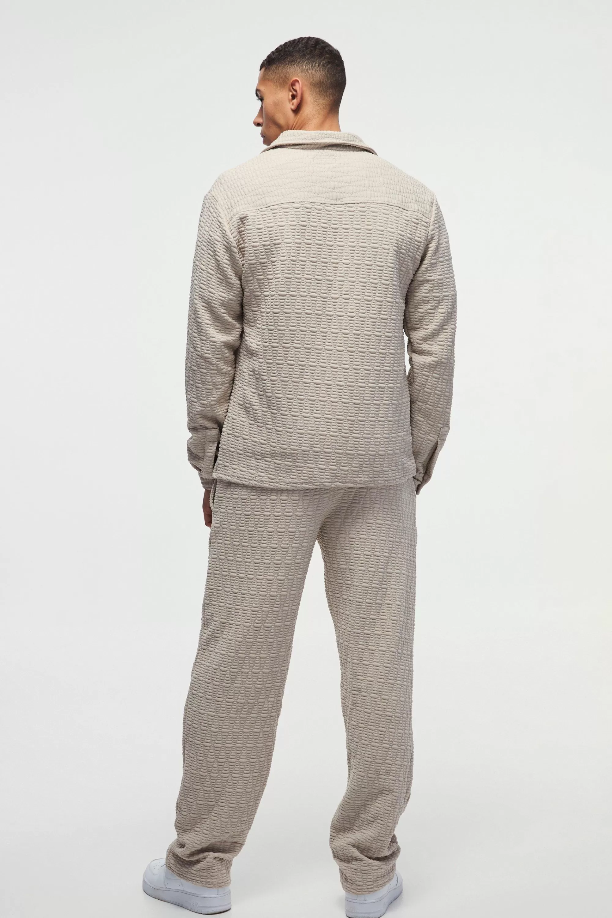 boohooMAN Long Sleeve Textured Stretch Shirt And Trousers Set | UK