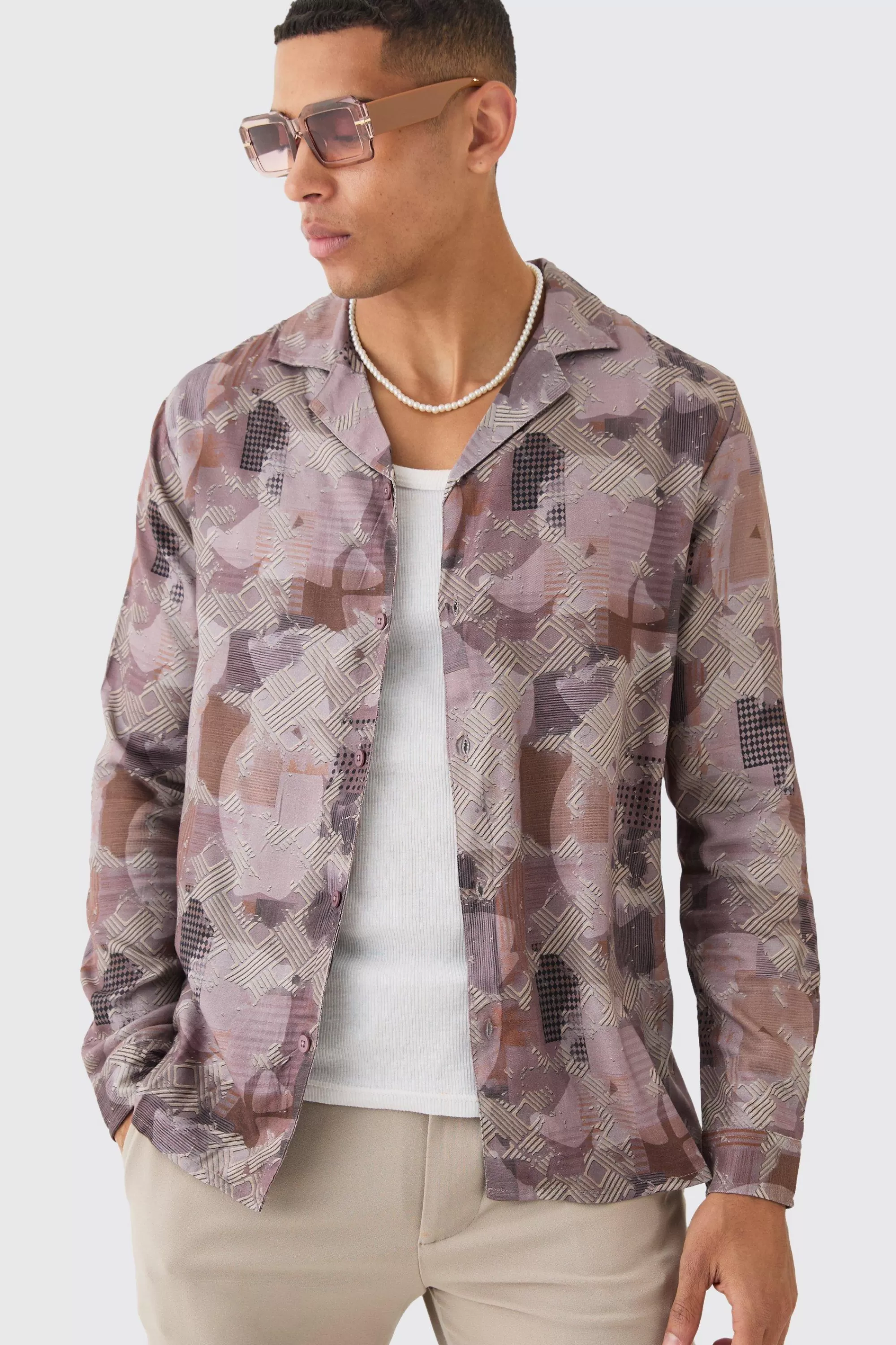 boohooMAN Long Sleeve Viscose Patchwork Shirt | UK