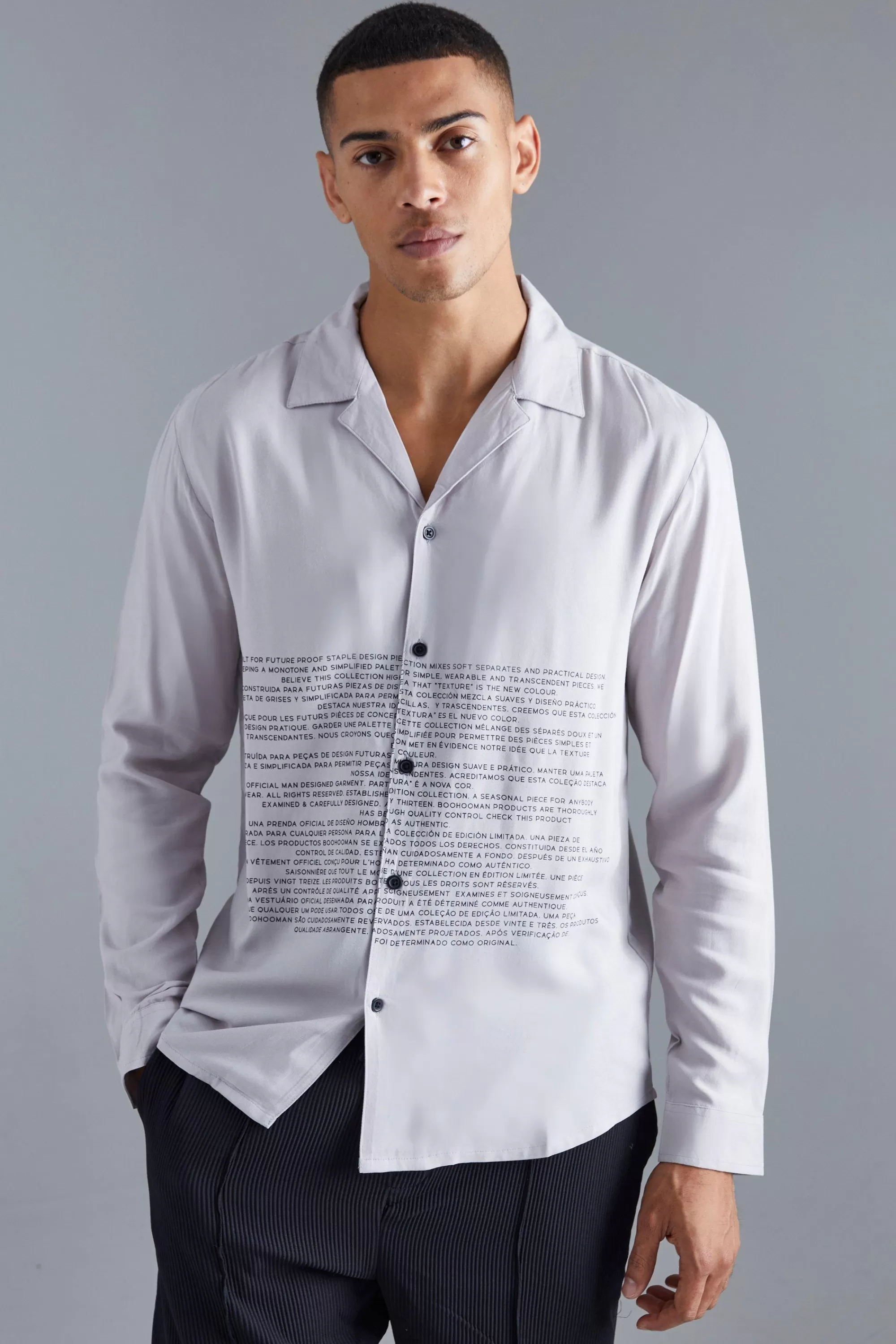 boohooMAN Long Sleeve Viscose Text Shirt | UK