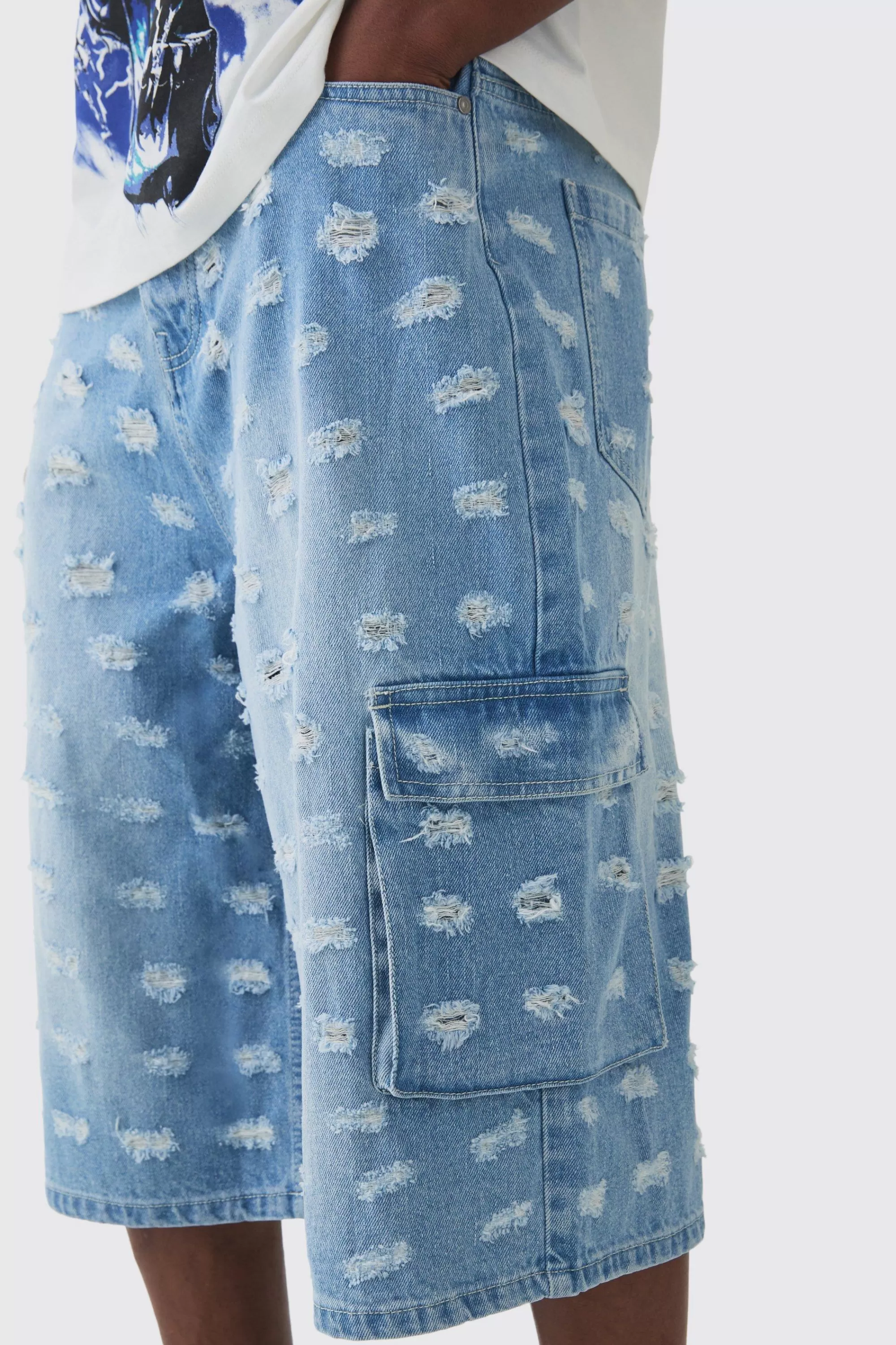 boohooMAN Longline All Over Distressed Cargo Denim Jorts In | UK