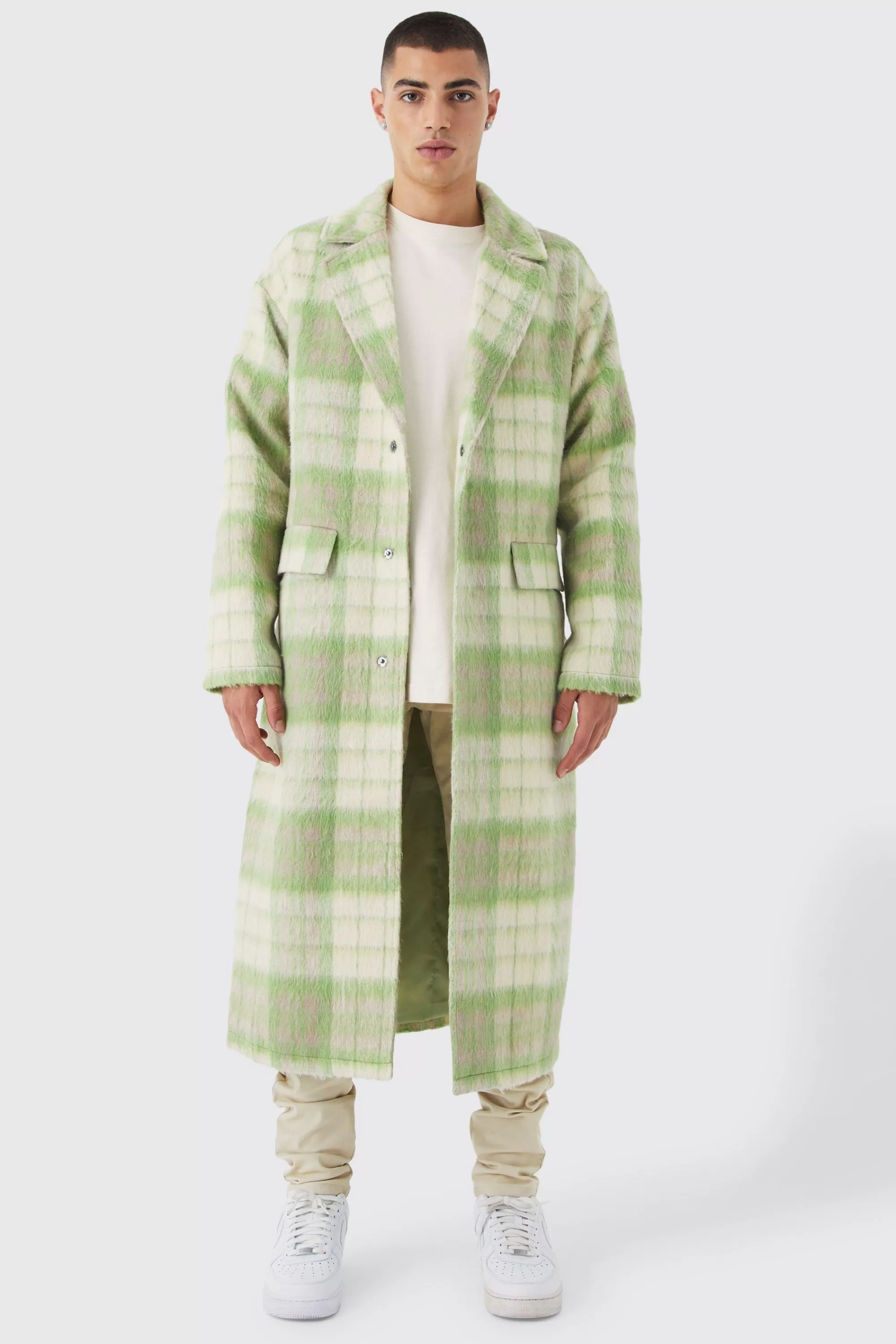 boohooMAN Longline Brushed Check Belted Overcoat | UK