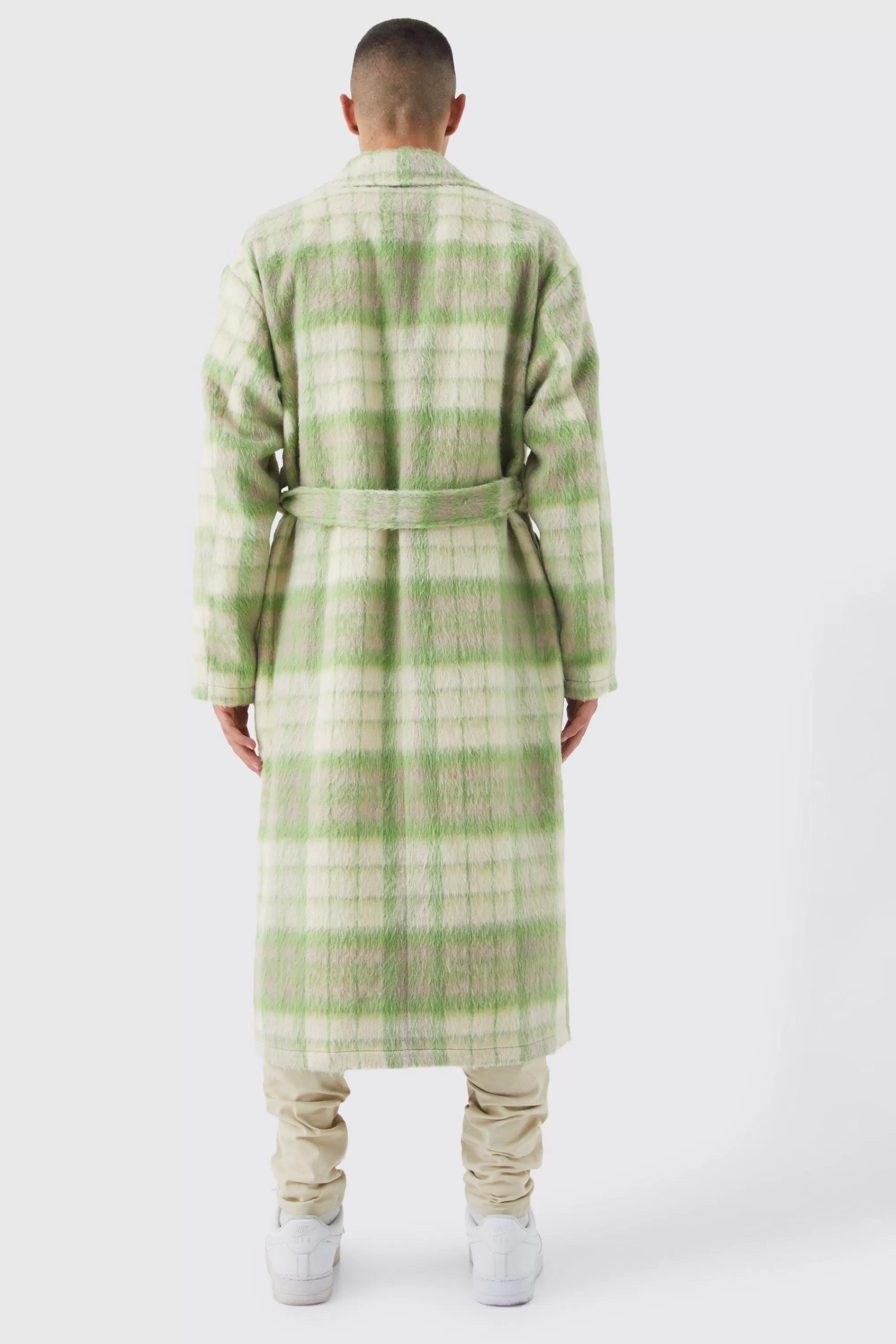 boohooMAN Longline Brushed Check Belted Overcoat | UK