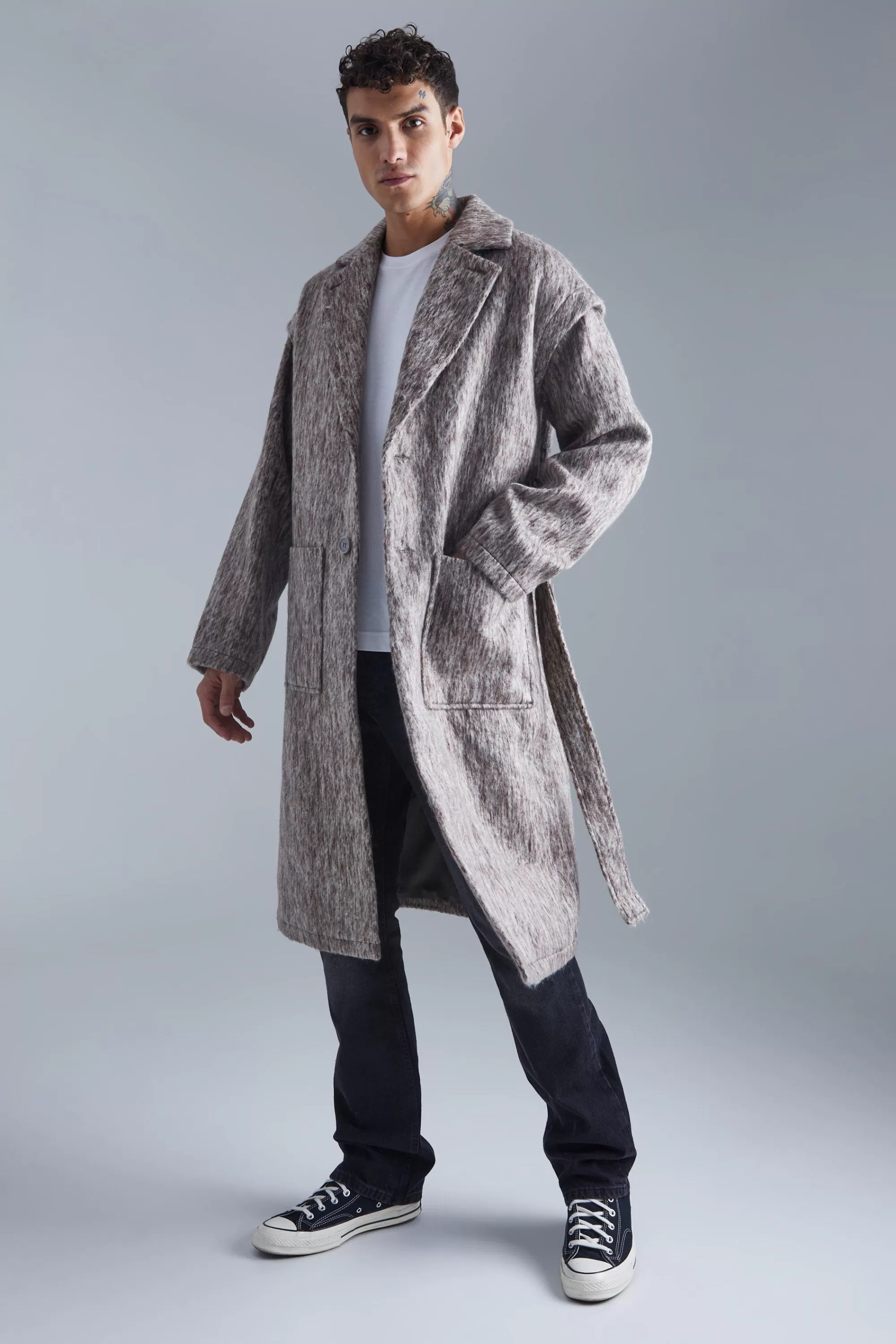 boohooMAN Longline Brushed Wool Look Belted Overcoat | UK
