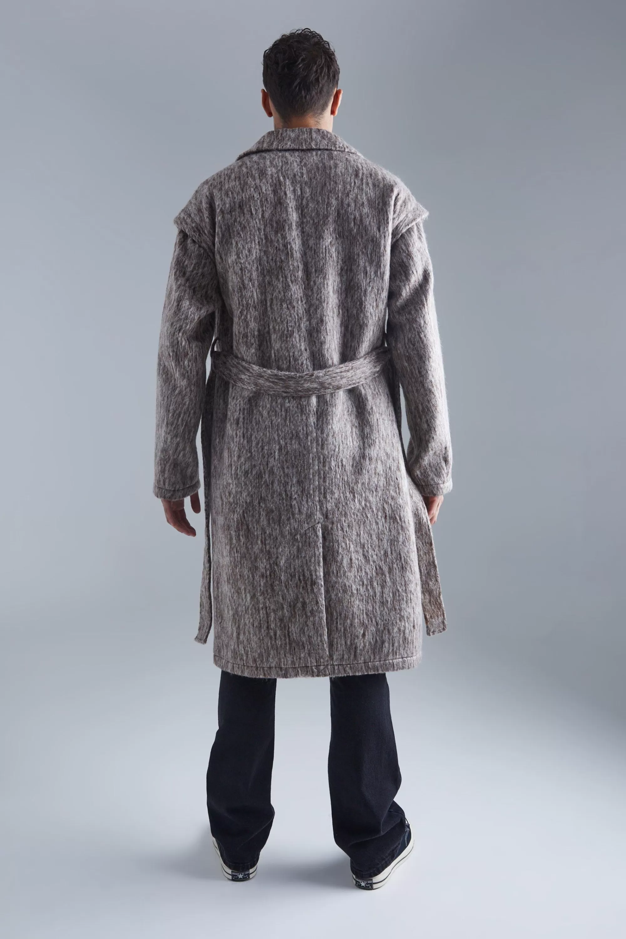 boohooMAN Longline Brushed Wool Look Belted Overcoat | UK