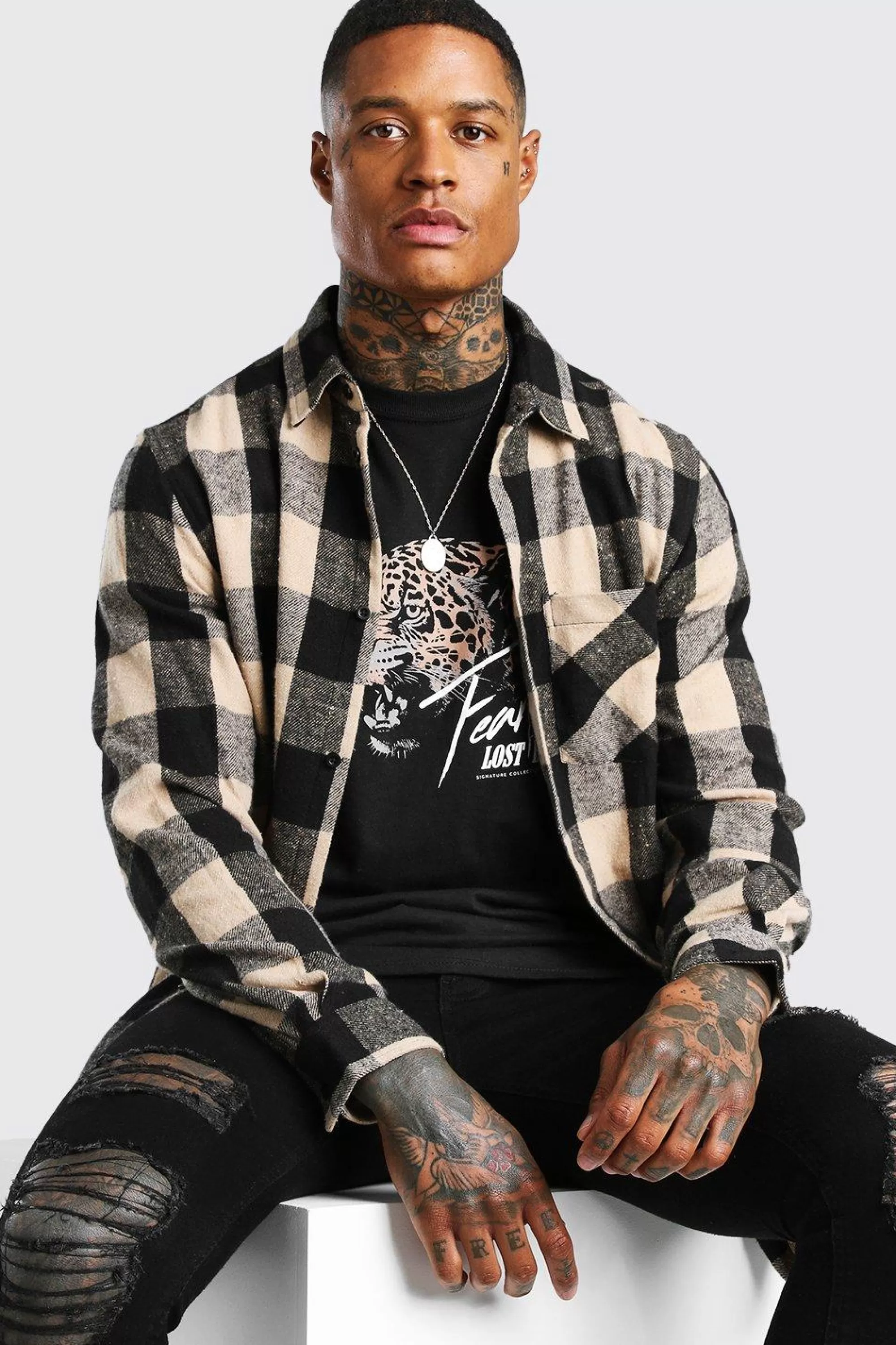 boohooMAN Longline Check Shirt | UK