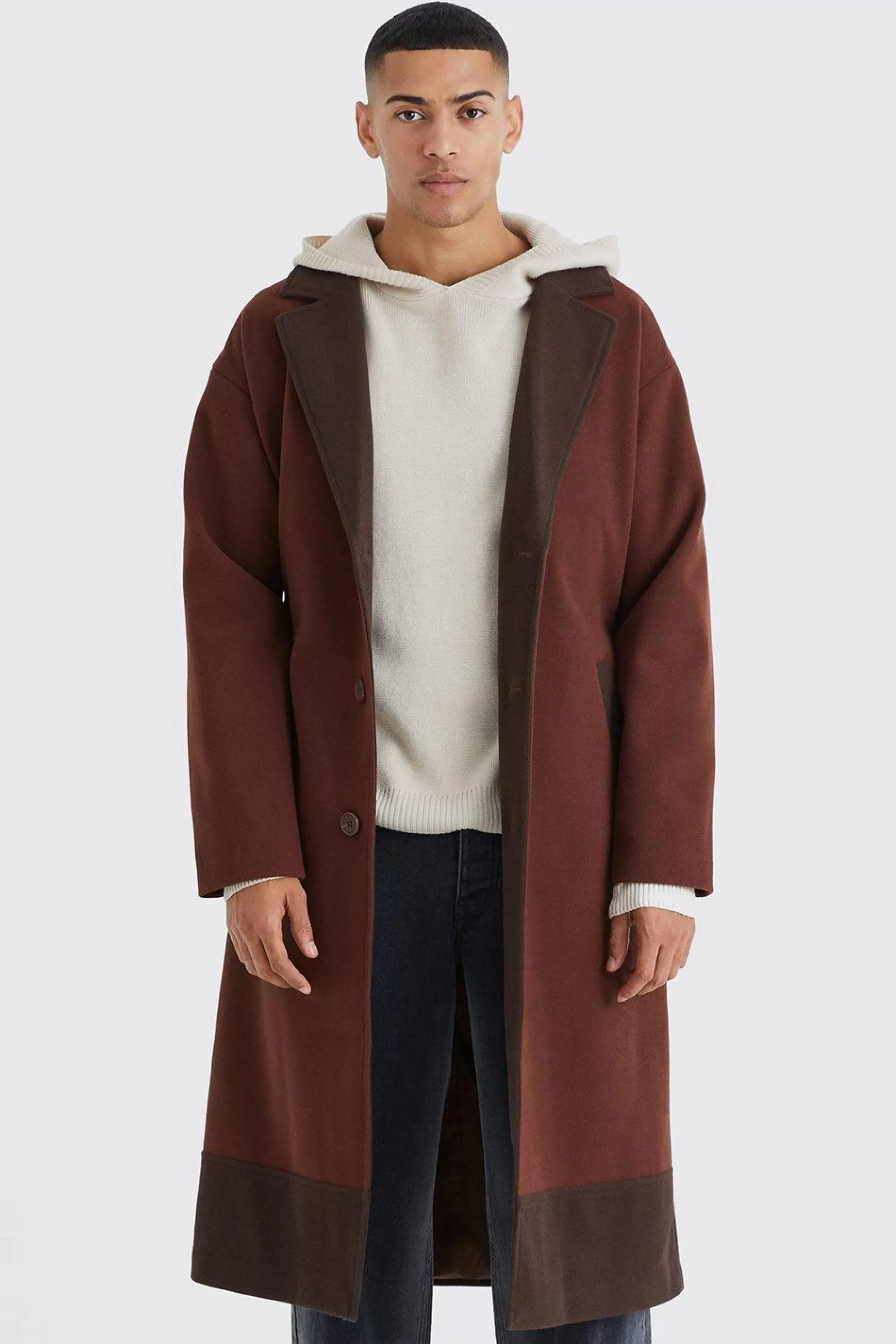 boohooMAN Longline Colour Block Belted Overcoat | UK