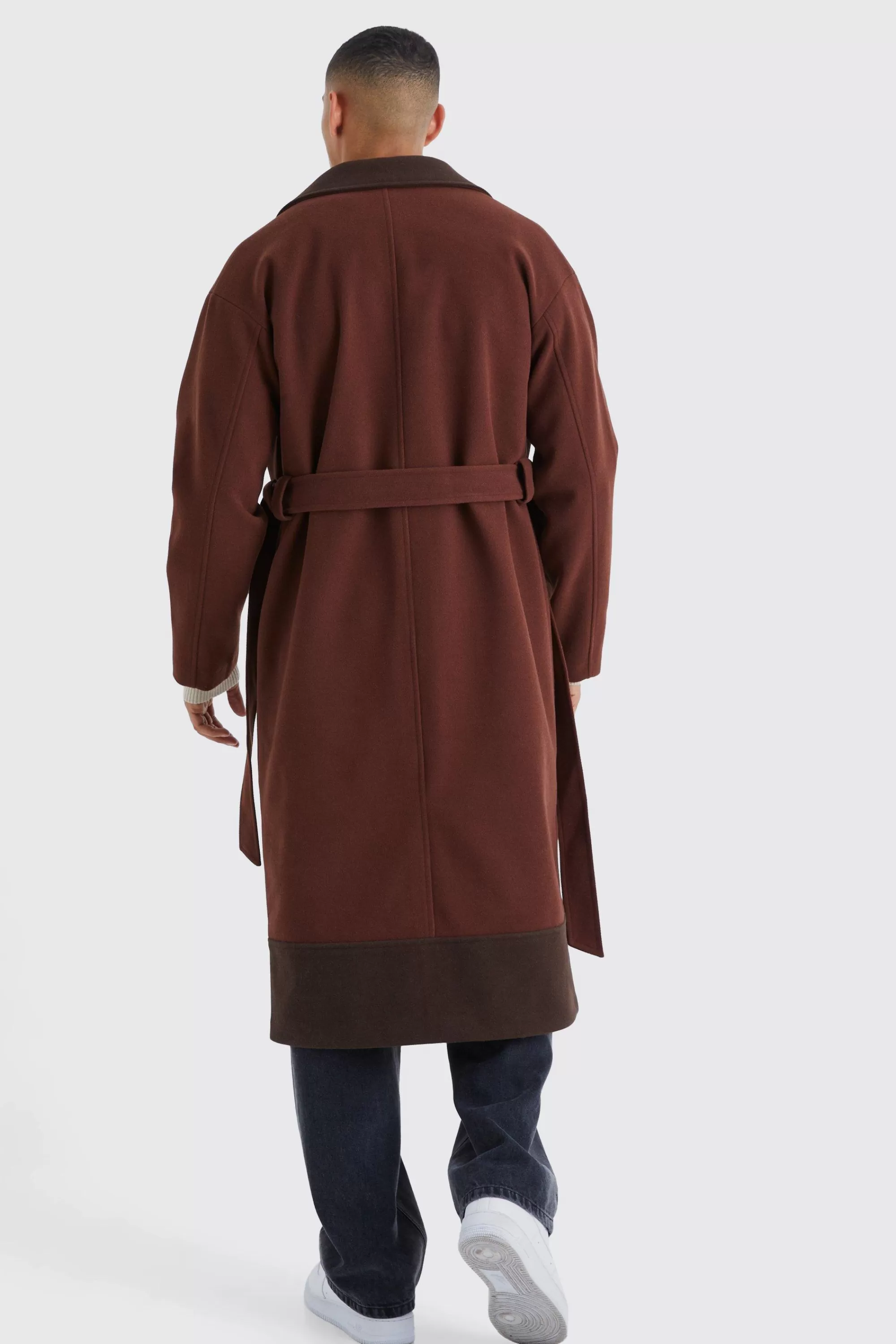 boohooMAN Longline Colour Block Belted Overcoat | UK