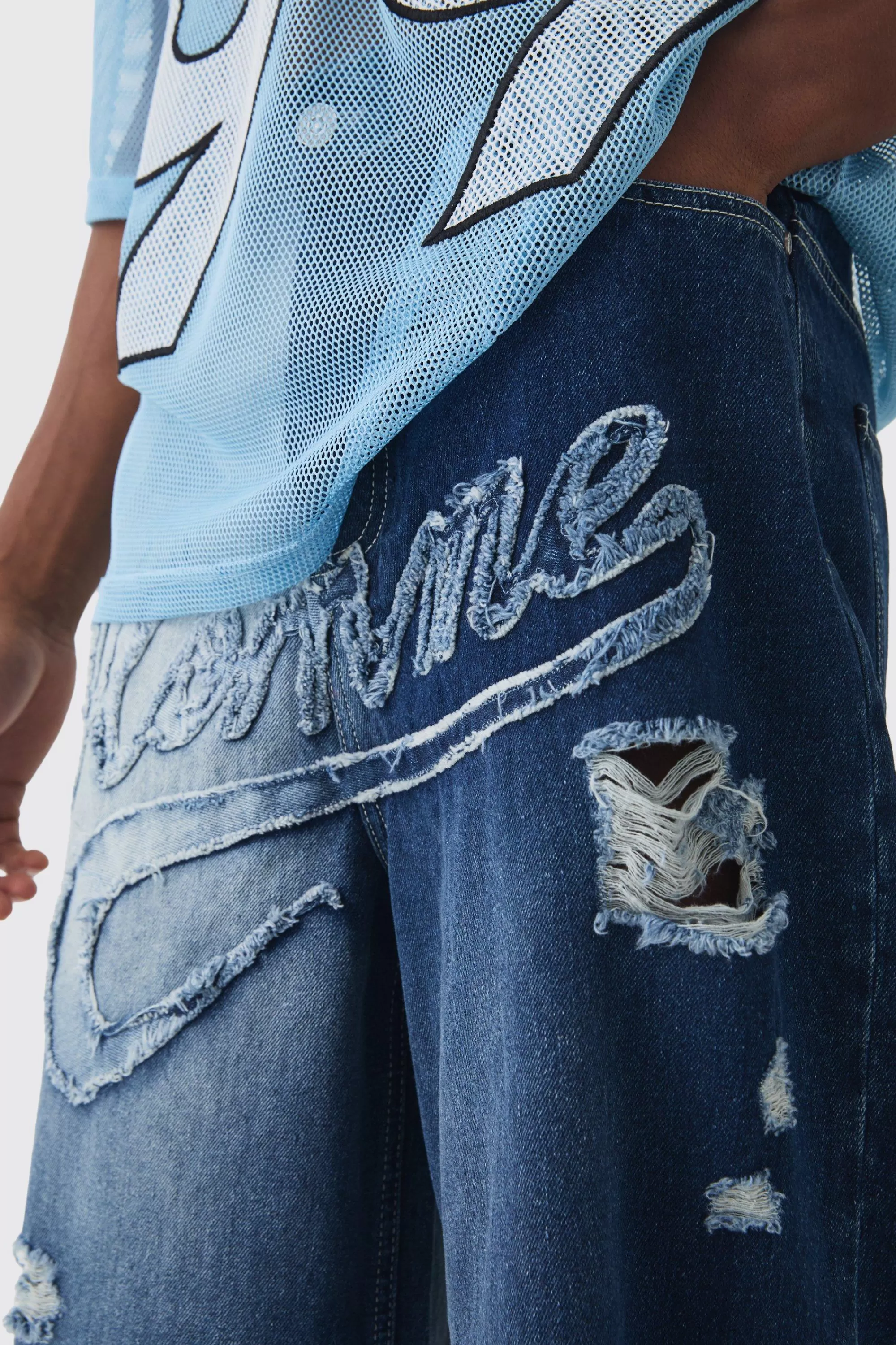 boohooMAN Longline Homme Spliced Ripped Applique Denim Jorts In | UK