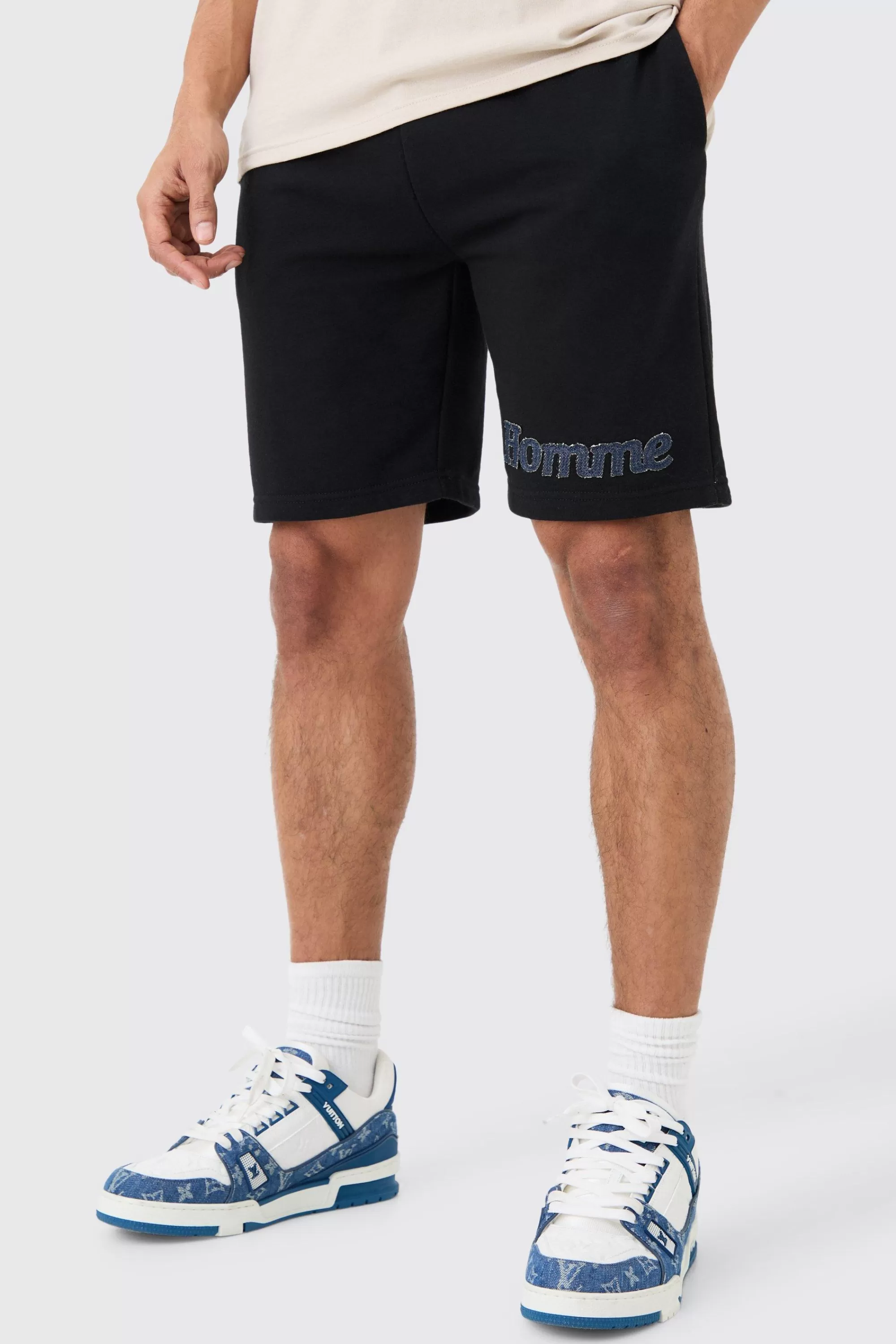 boohooMAN Loose Denim Applique Short | UK
