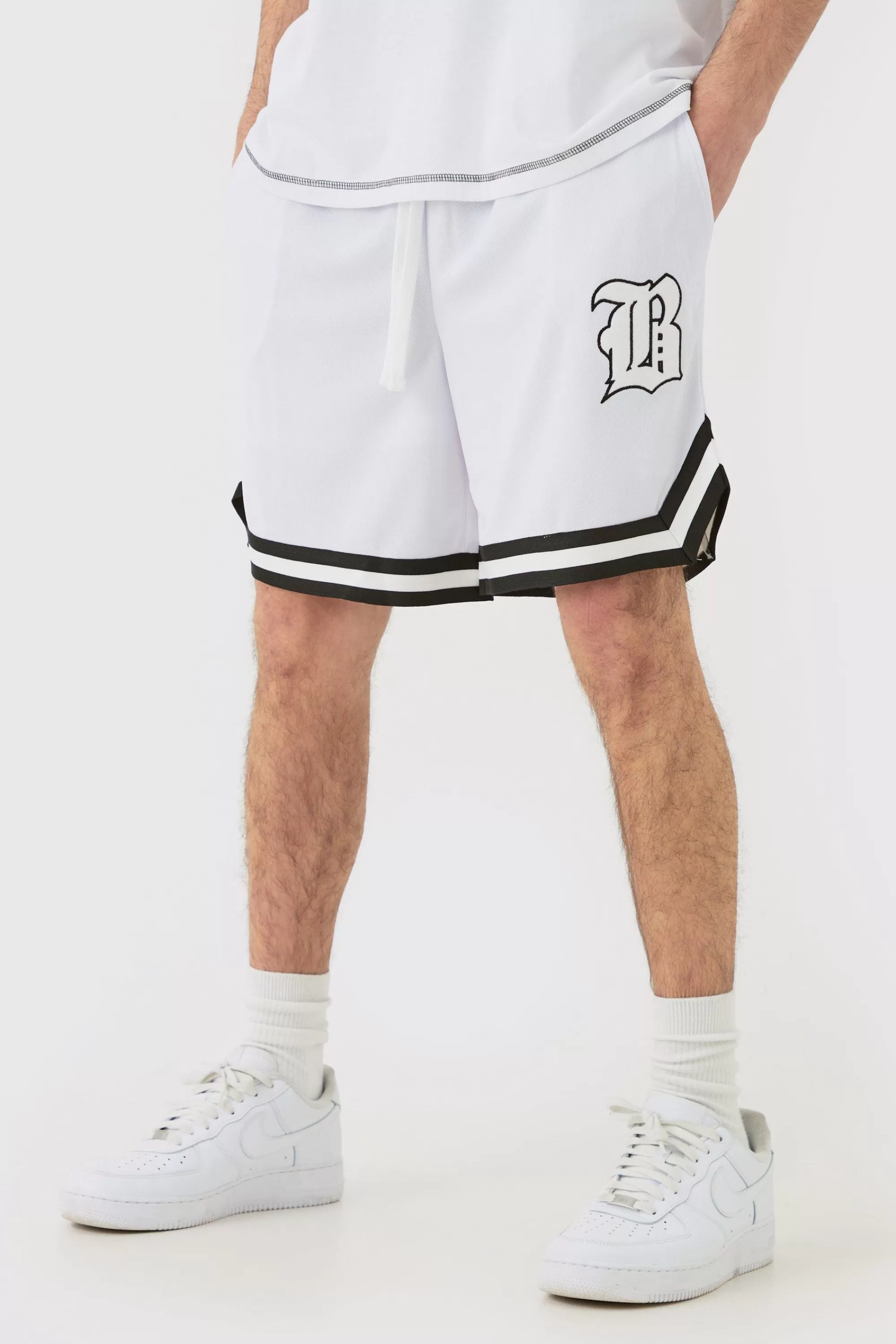 boohooMAN Loose Fit B Applique Mesh Short Length Basketball Short | UK