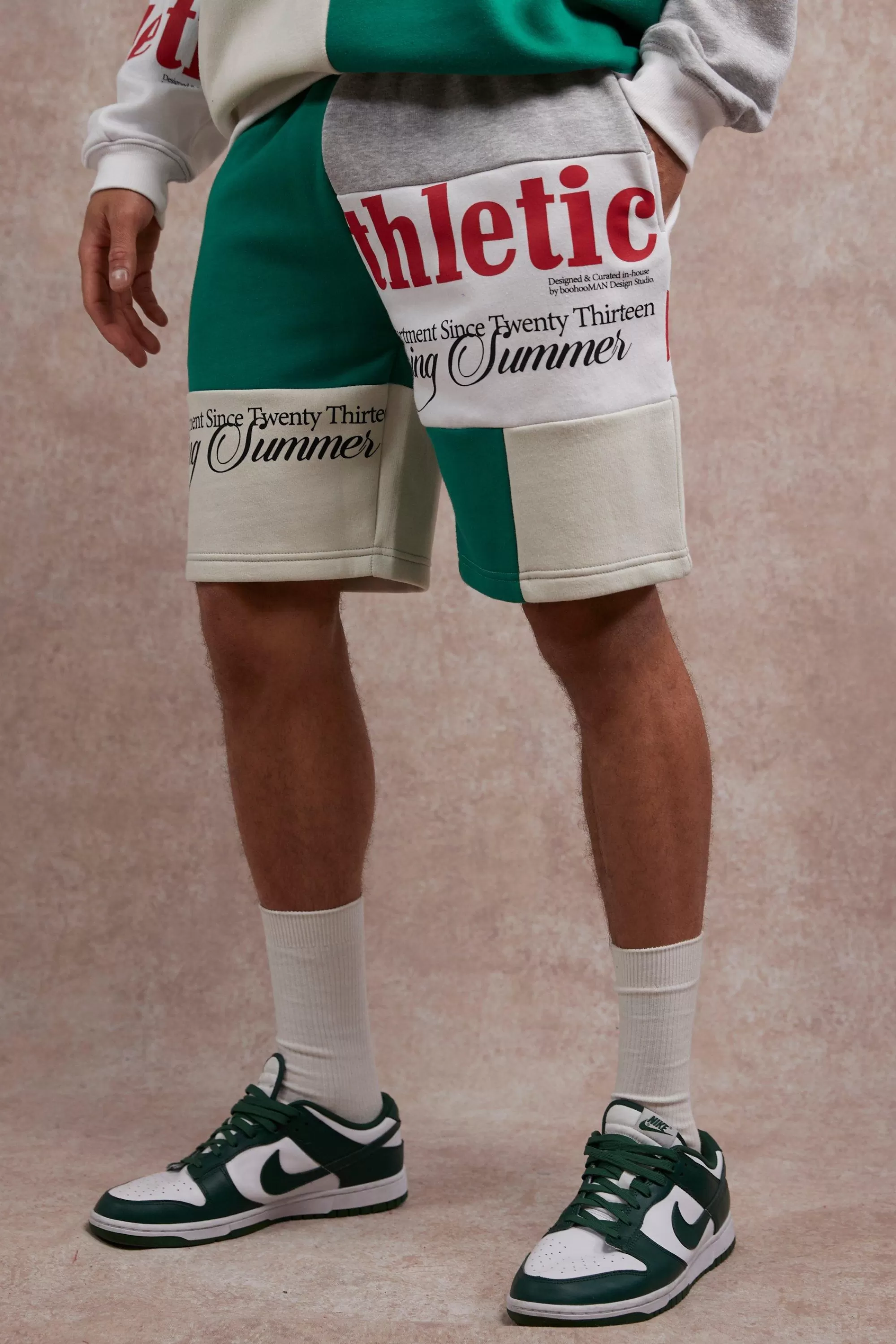 boohooMAN Loose Fit Graphic Patchwork Jersey Shorts | UK