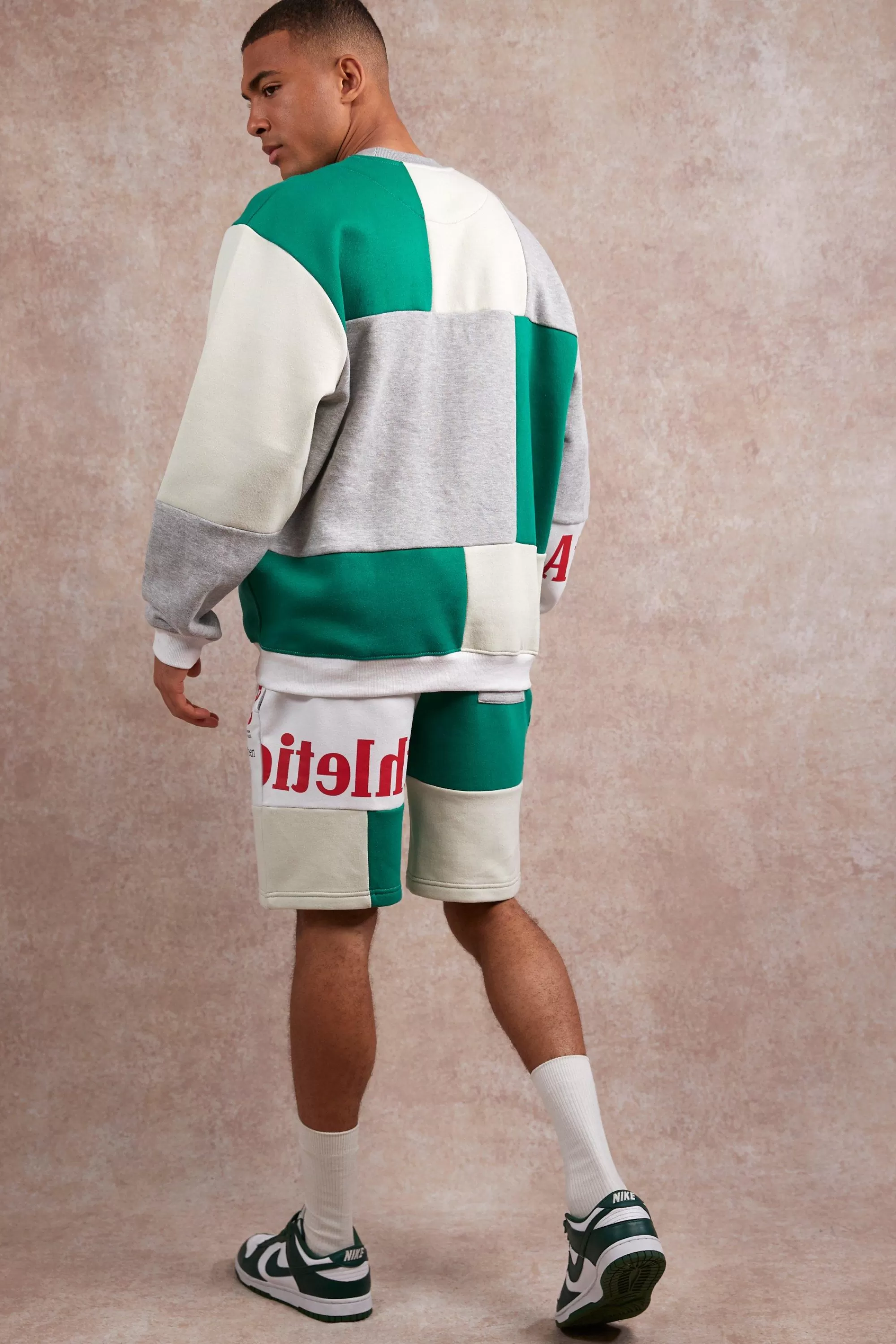 boohooMAN Loose Fit Graphic Patchwork Jersey Shorts | UK