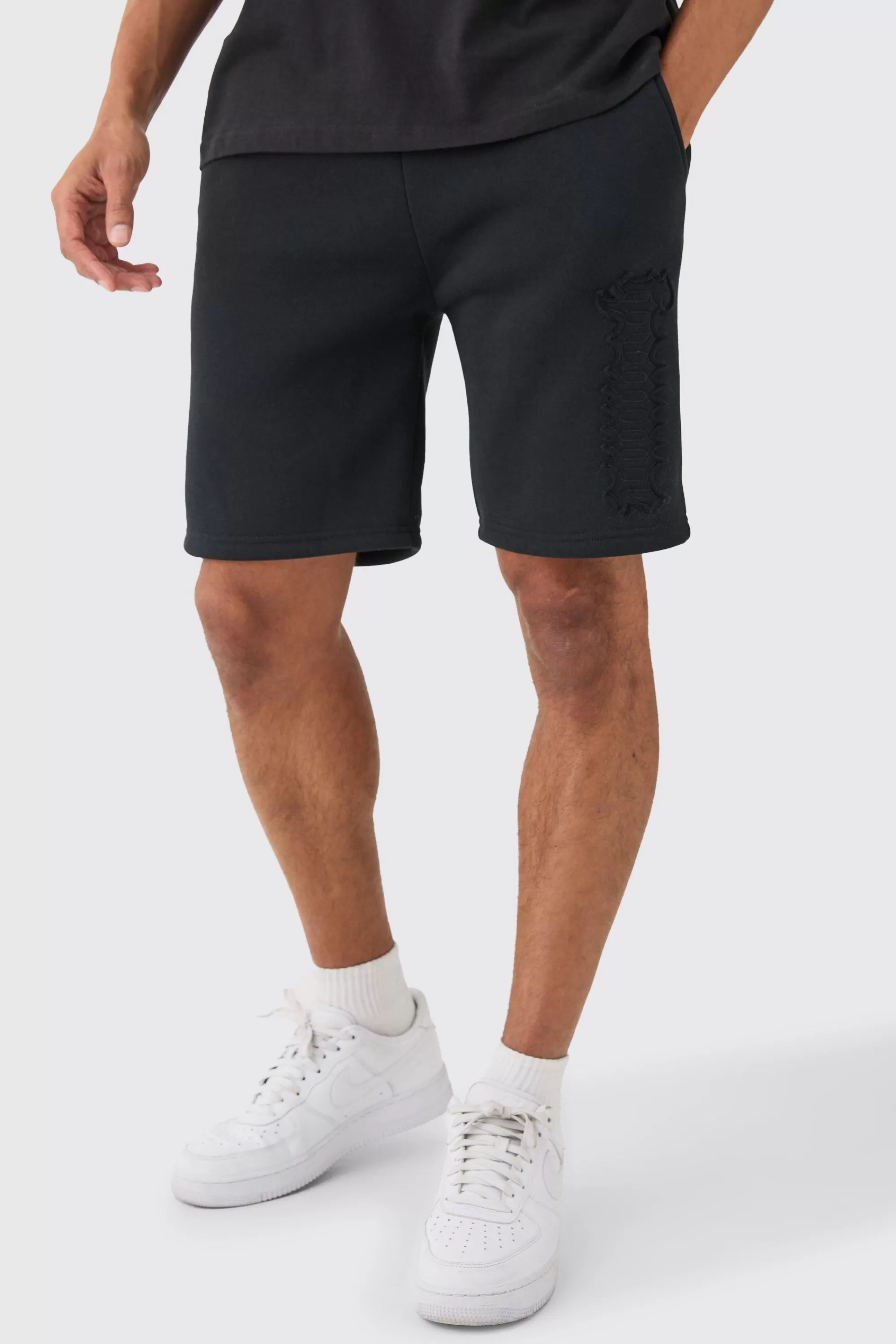 boohooMAN Loose Fit Homme Applique Shorts | UK