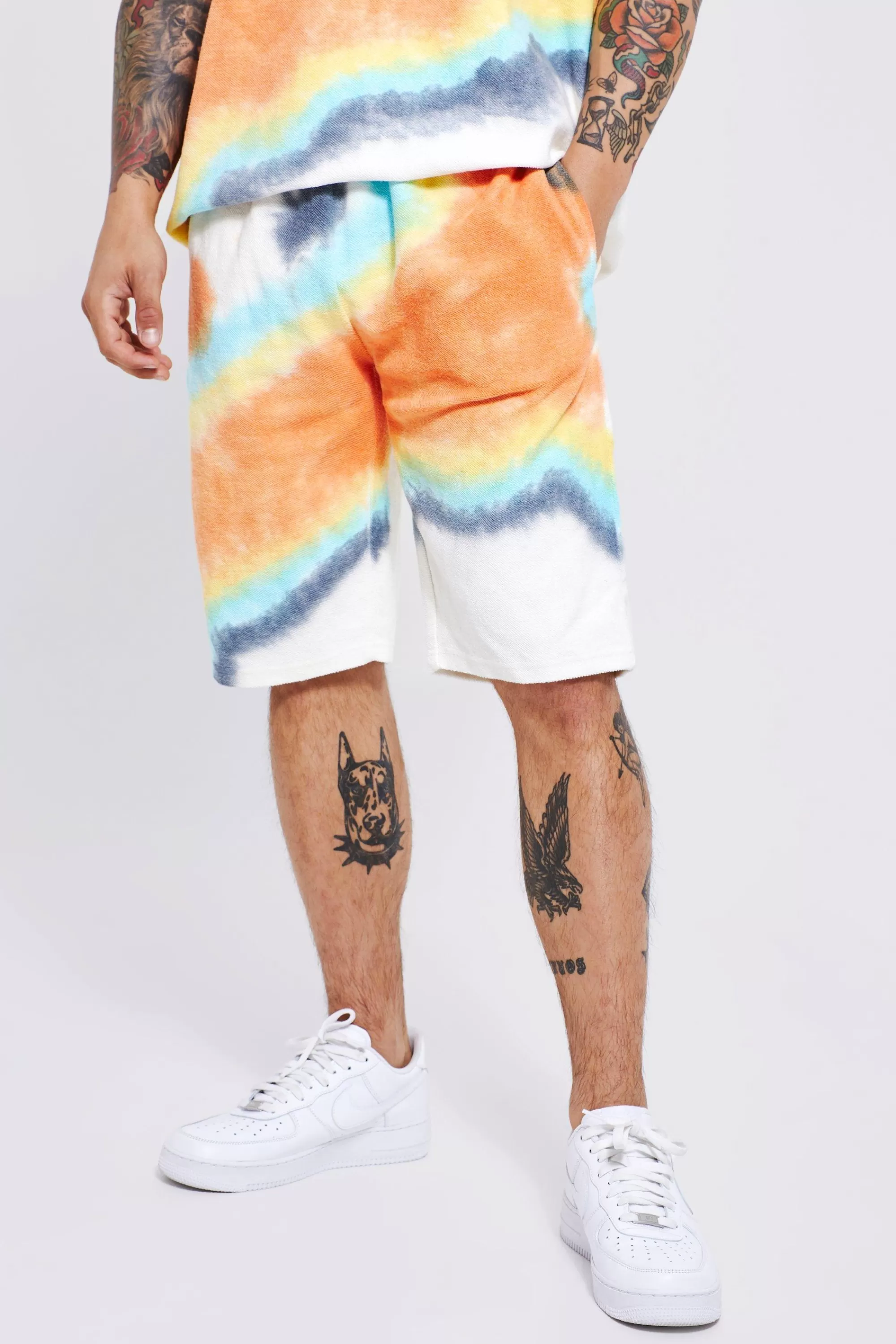 boohooMAN Loose Fit, Long Length Heavy Loopback Tie Dye Short | UK