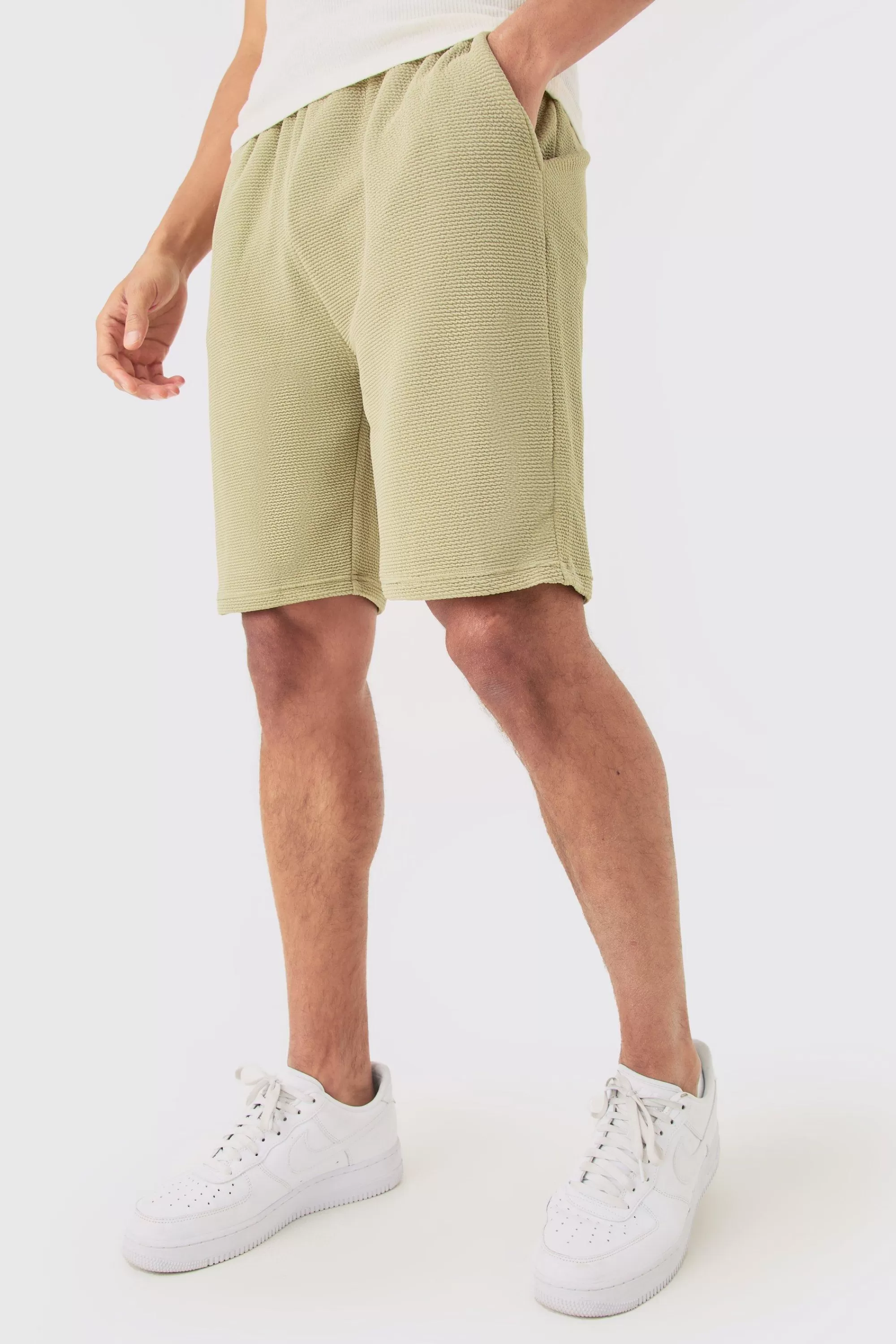 boohooMAN Loose Fit Mid Length Textured Shorts | UK