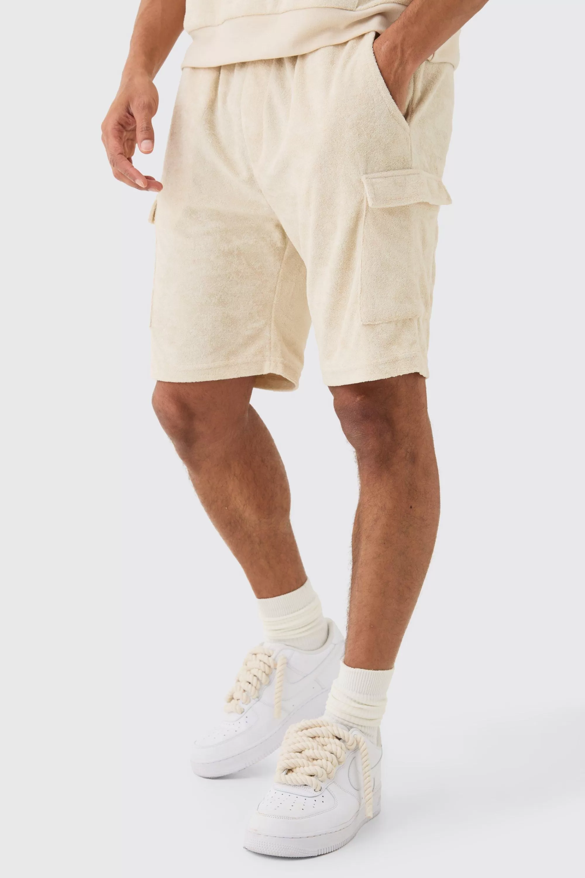 boohooMAN Loose Fit Mid Towelling Cargo Shorts | UK