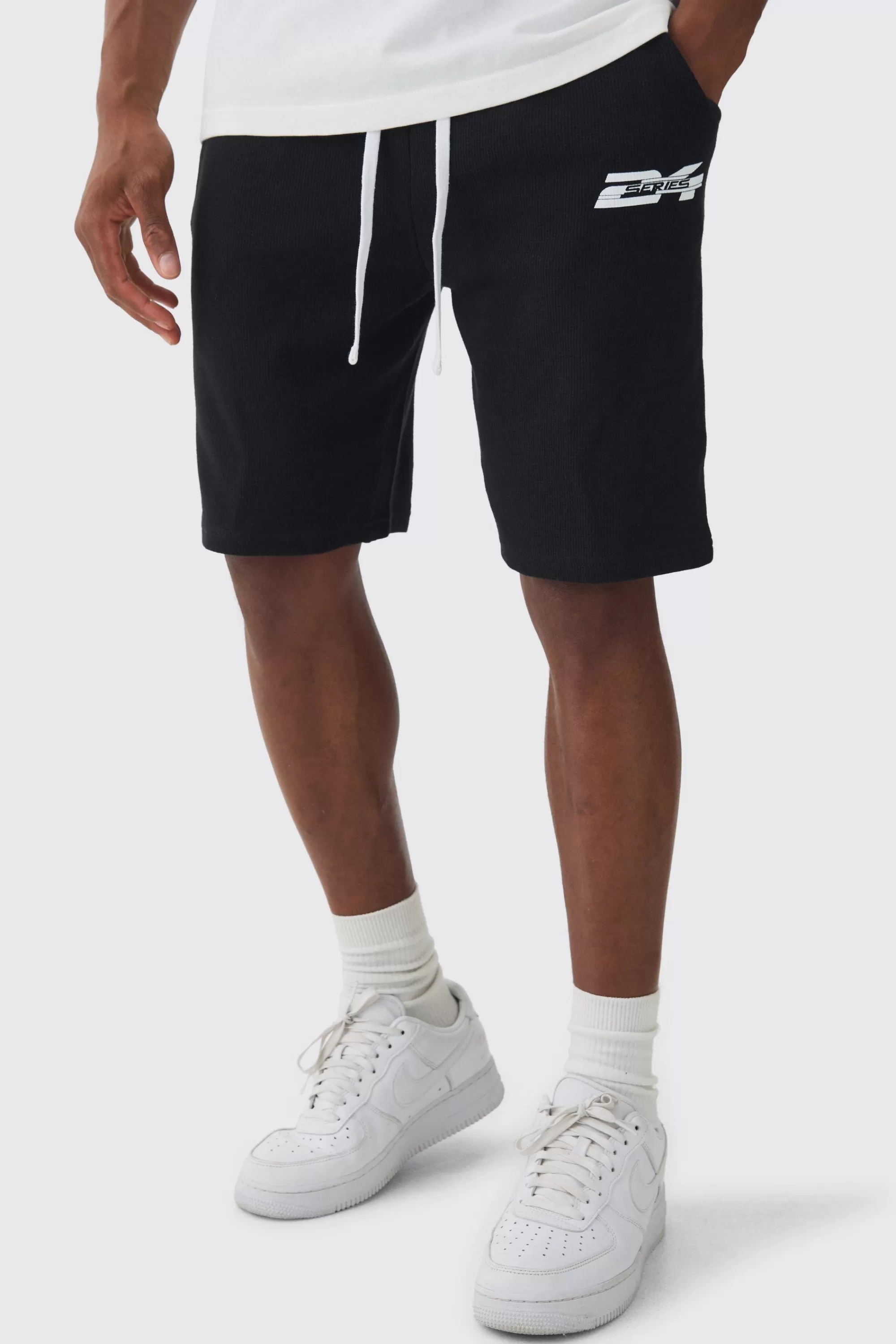 boohooMAN Loose Fit Printed Waffle Mid Length Shorts | UK