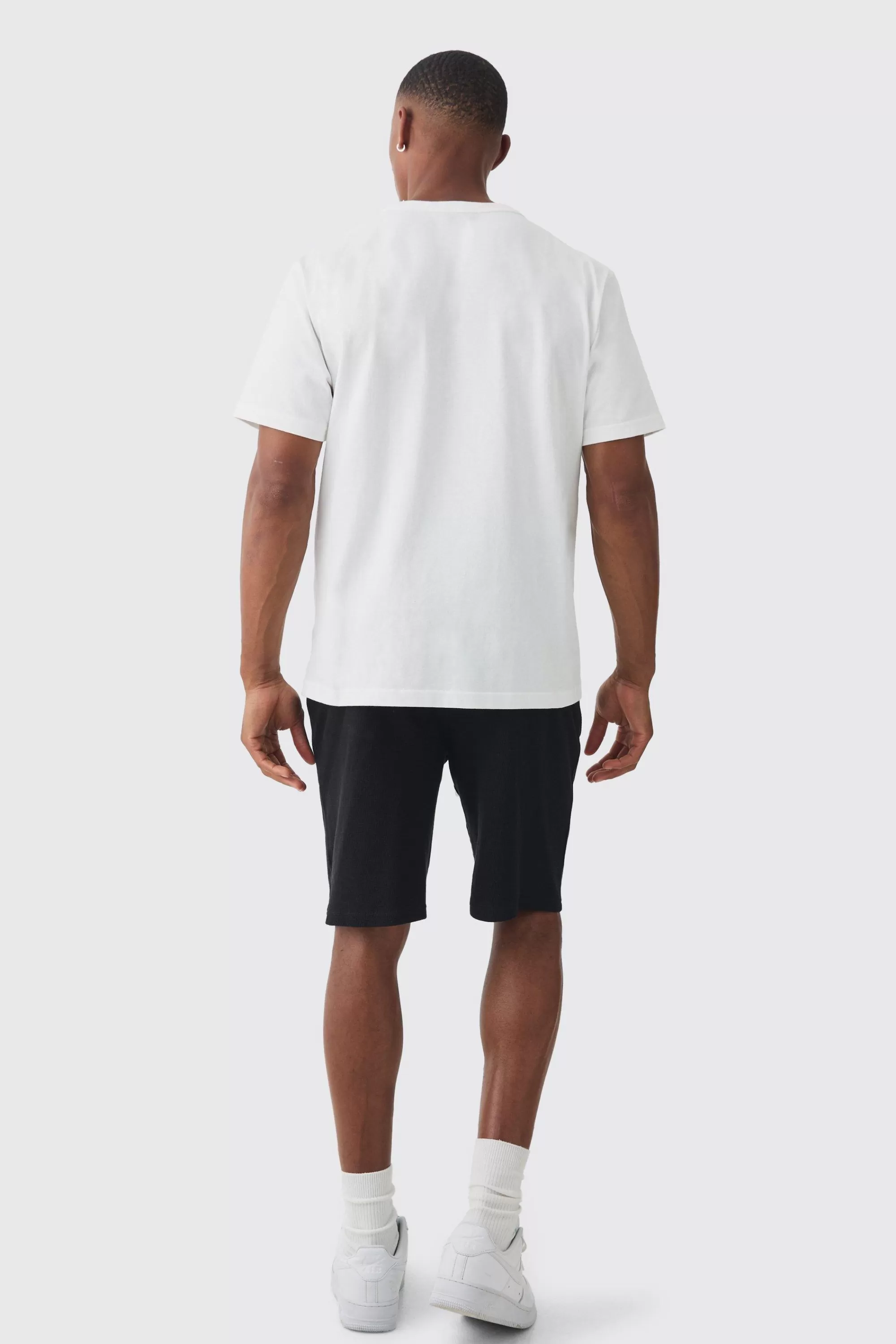 boohooMAN Loose Fit Printed Waffle Mid Length Shorts | UK