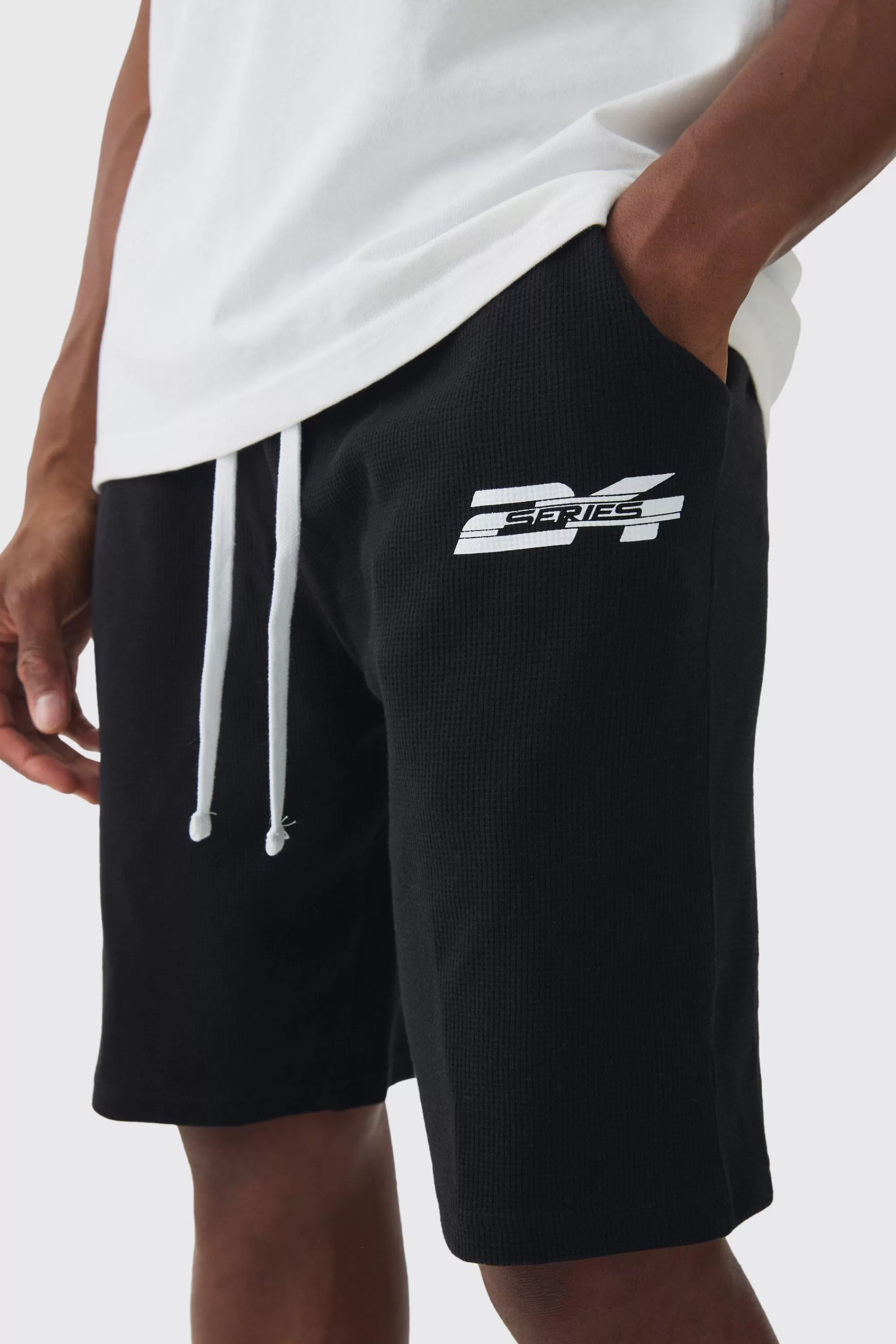 boohooMAN Loose Fit Printed Waffle Mid Length Shorts | UK