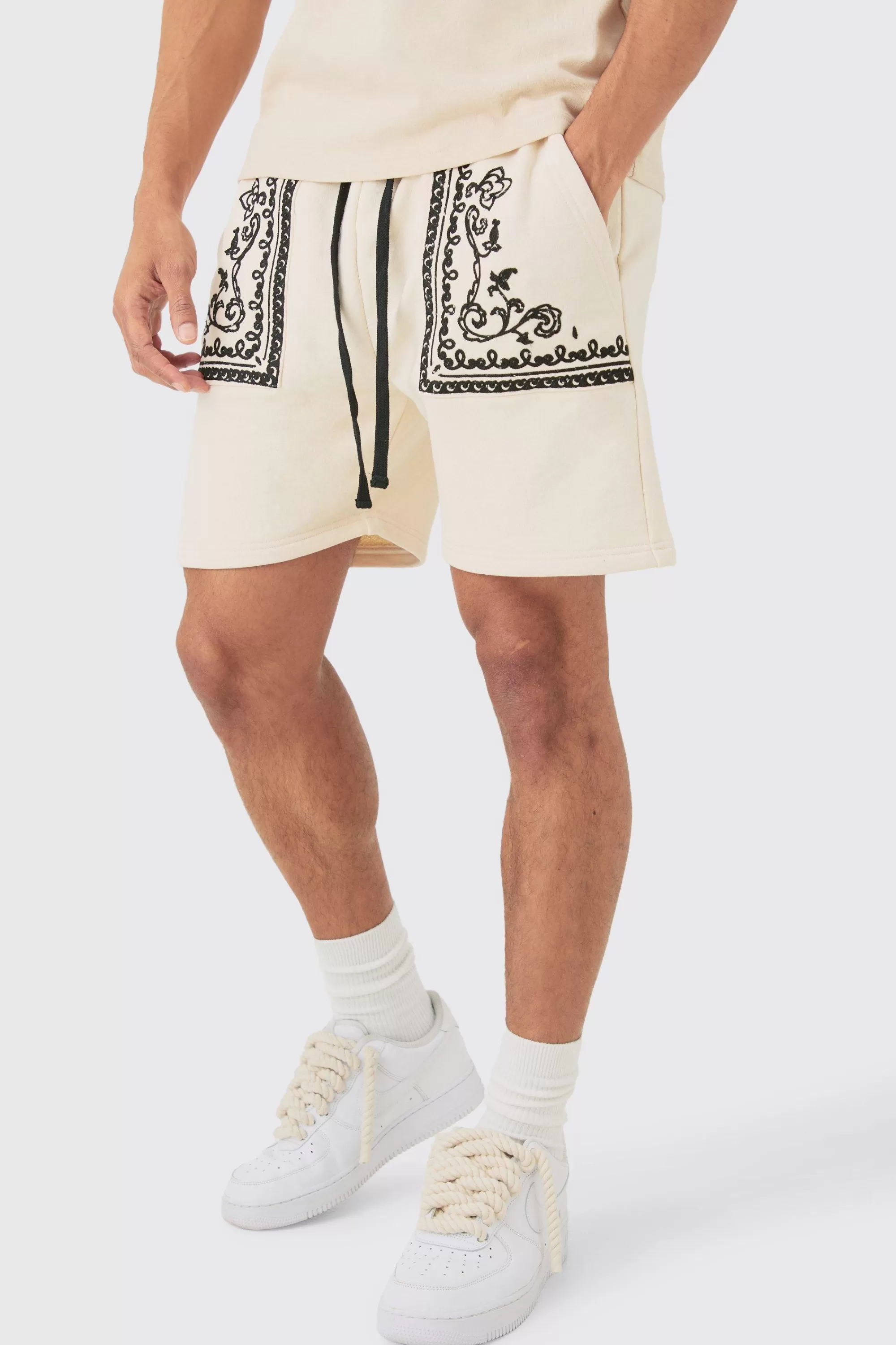 boohooMAN Loose Fit Short Length Baroque Embroidered Shorts | UK